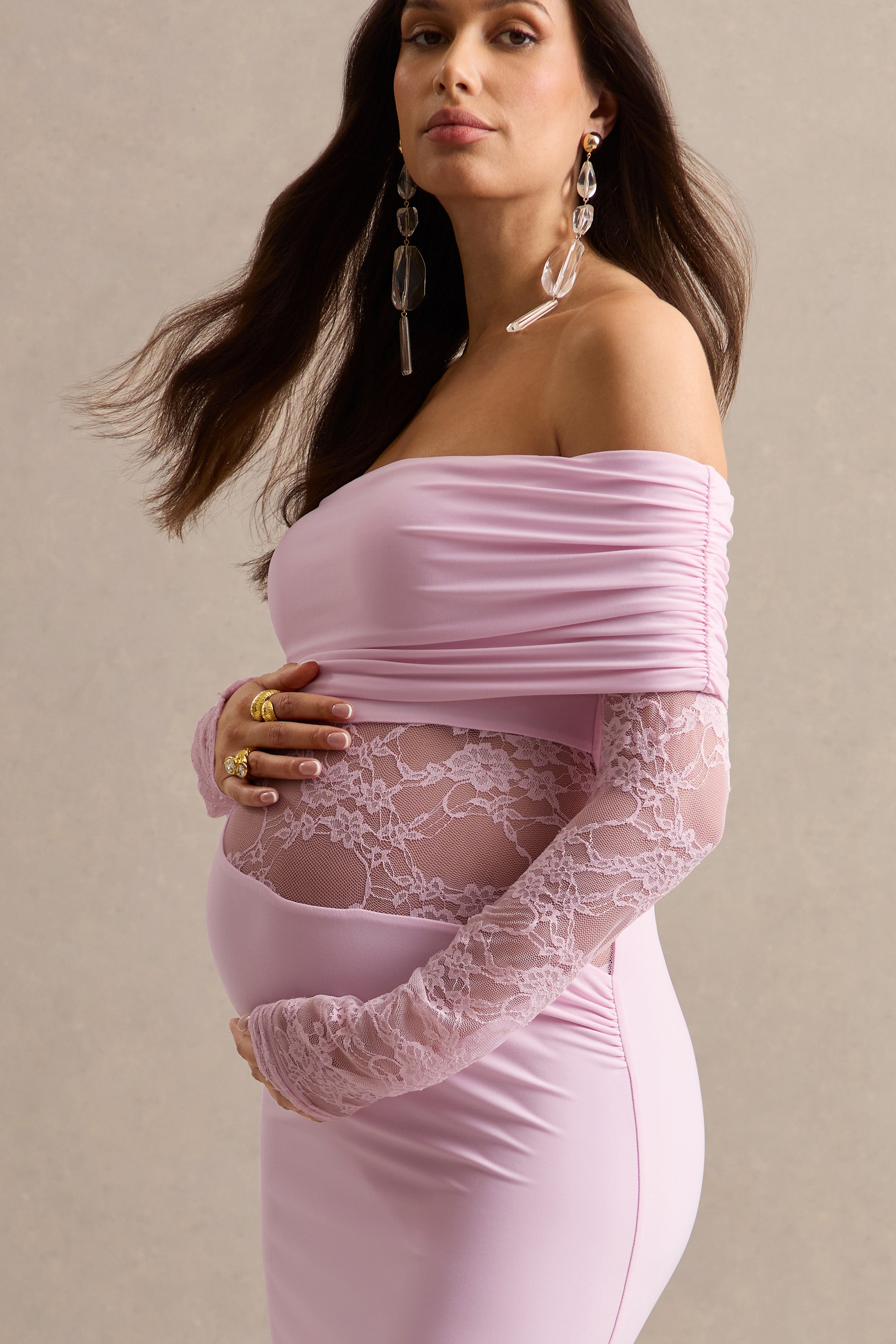 Artemisia | Light Pink Bardot-Neck Maternity Maxi Dress With Lace Detailing