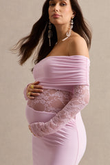Artemisia | Light Pink Bardot-Neck Maternity Maxi Dress With Lace Detailing