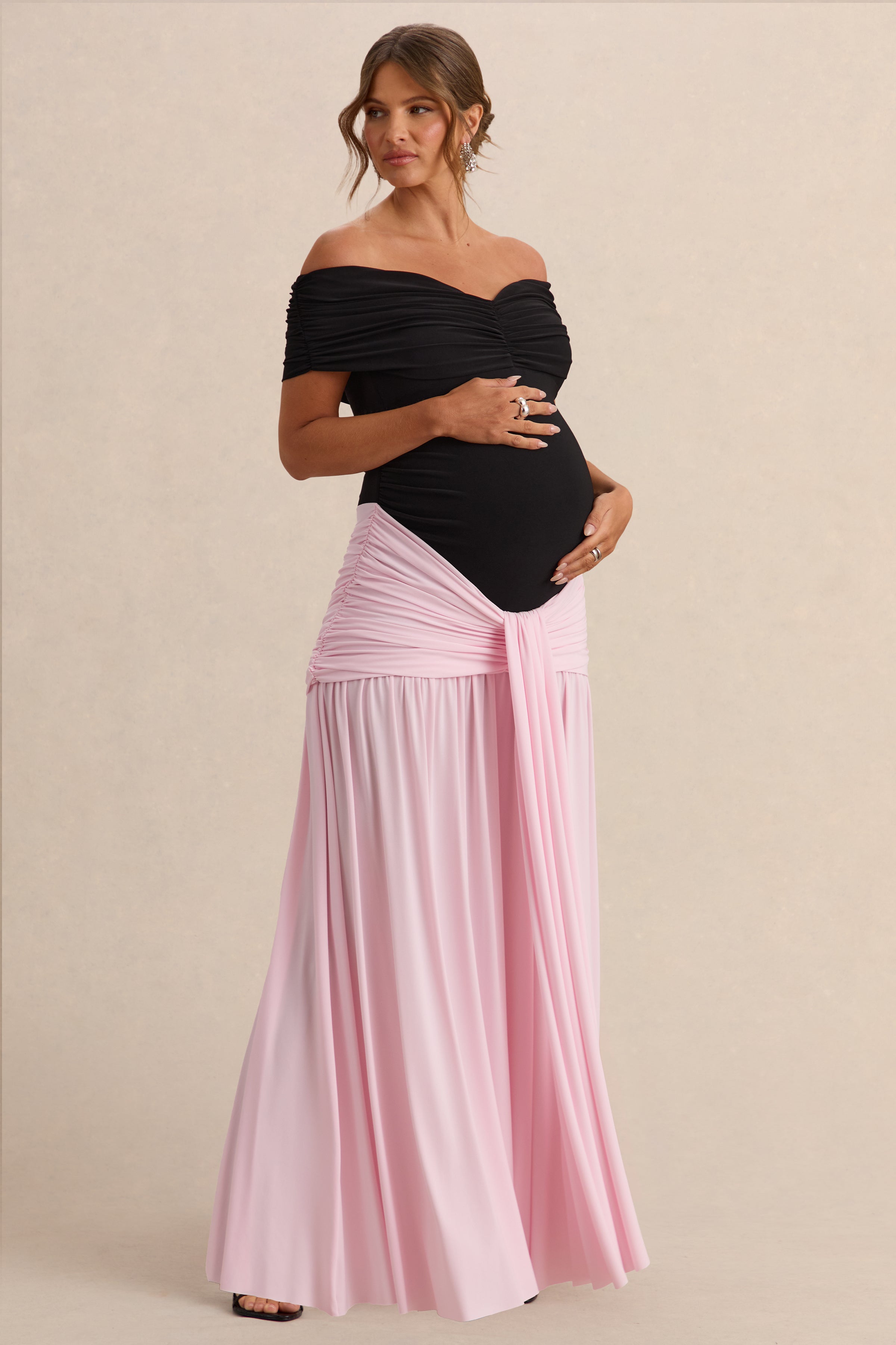 Eudora | Black & Light Pink Bardot-Neck Maternity Maxi Dress With Gathered Detailing