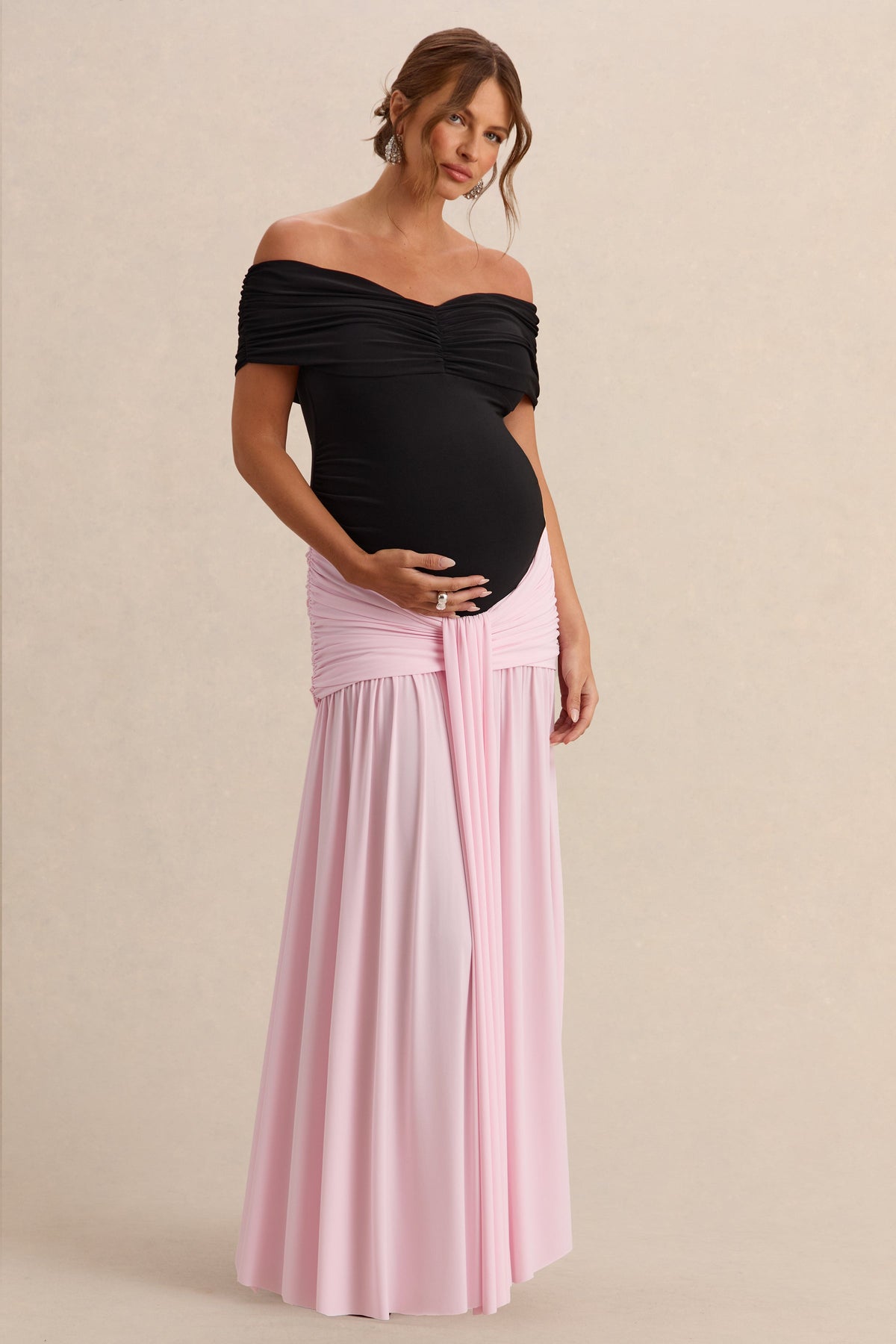 Eudora | Black & Light Pink Bardot-Neck Maternity Maxi Dress With Gathered Detailing