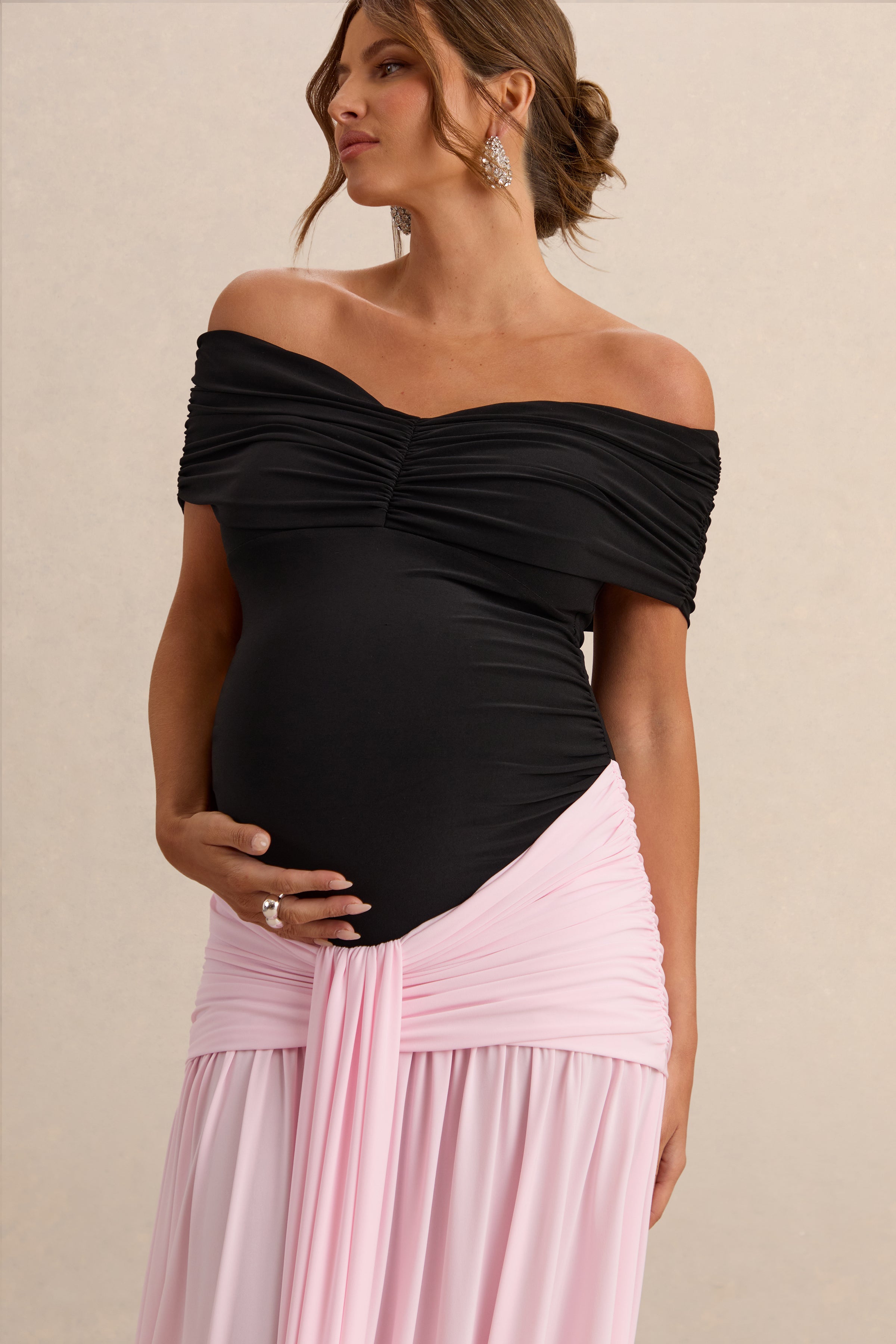 Eudora | Black & Light Pink Bardot-Neck Maternity Maxi Dress With Gathered Detailing