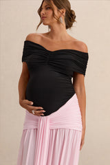 Eudora | Black & Light Pink Bardot-Neck Maternity Maxi Dress With Gathered Detailing