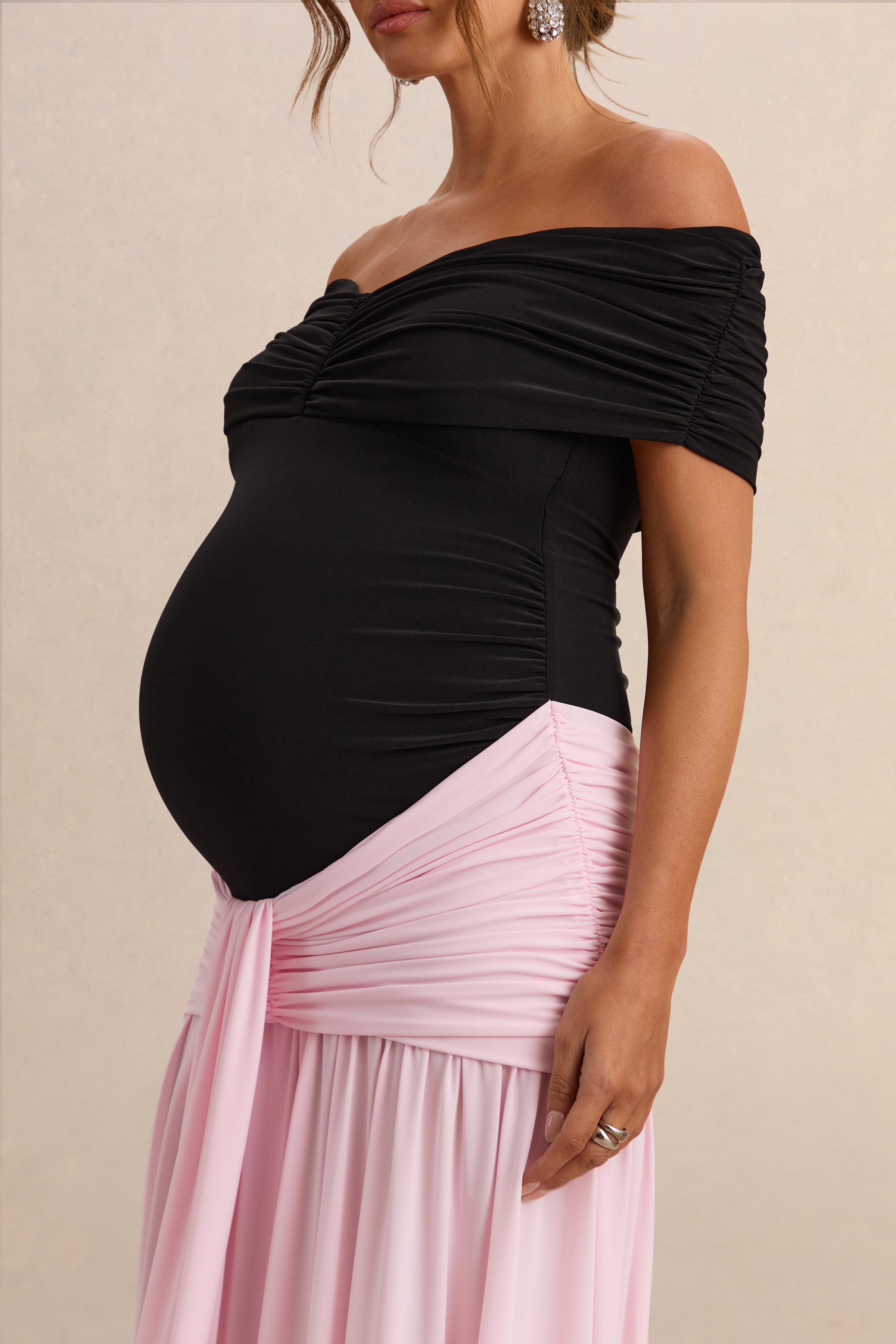 Eudora | Black & Light Pink Bardot-Neck Maternity Maxi Dress With Gathered Detailing