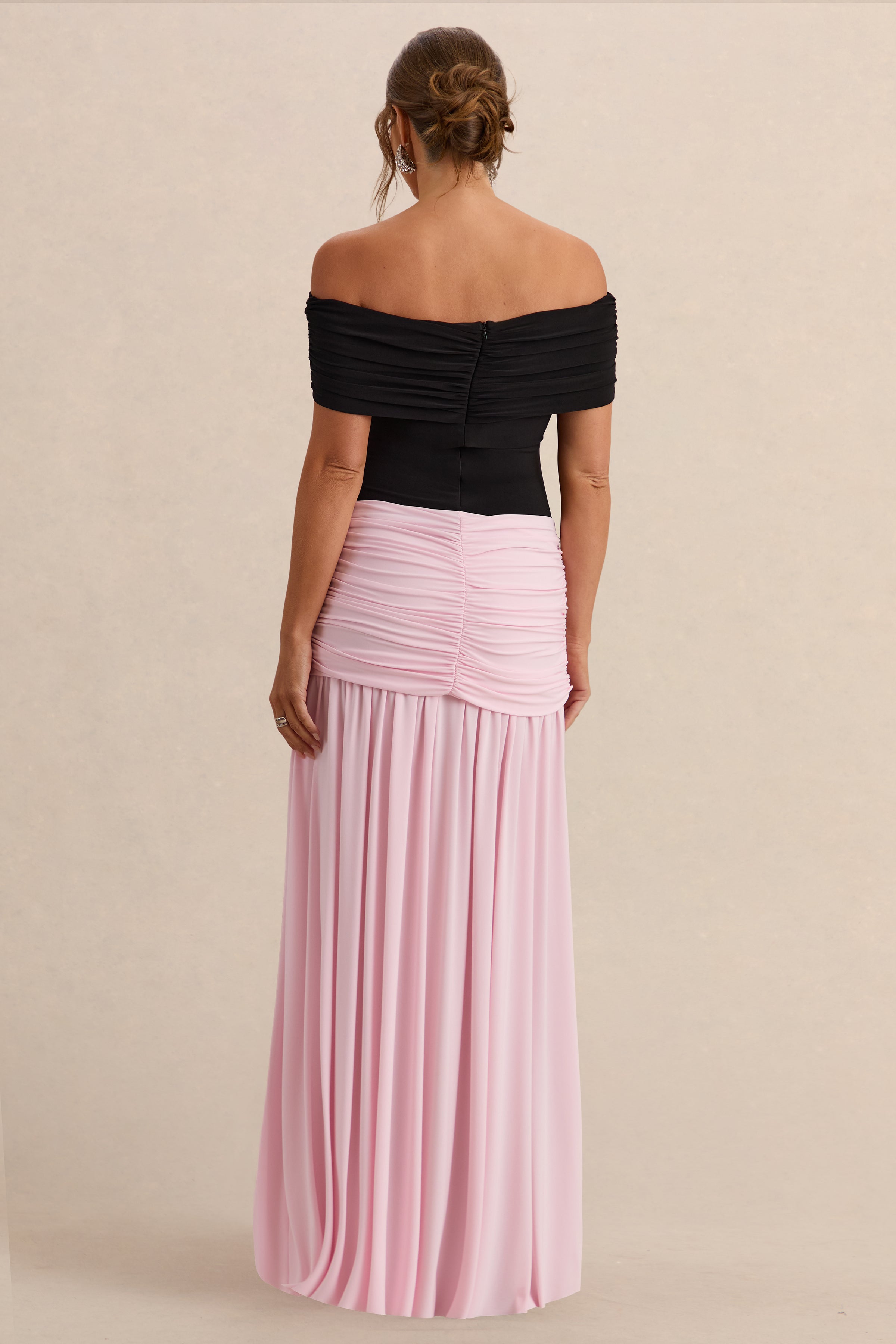 Eudora | Black & Light Pink Bardot-Neck Maternity Maxi Dress With Gathered Detailing