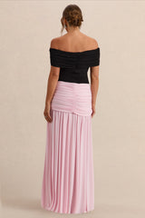 Eudora | Black & Light Pink Bardot-Neck Maternity Maxi Dress With Gathered Detailing