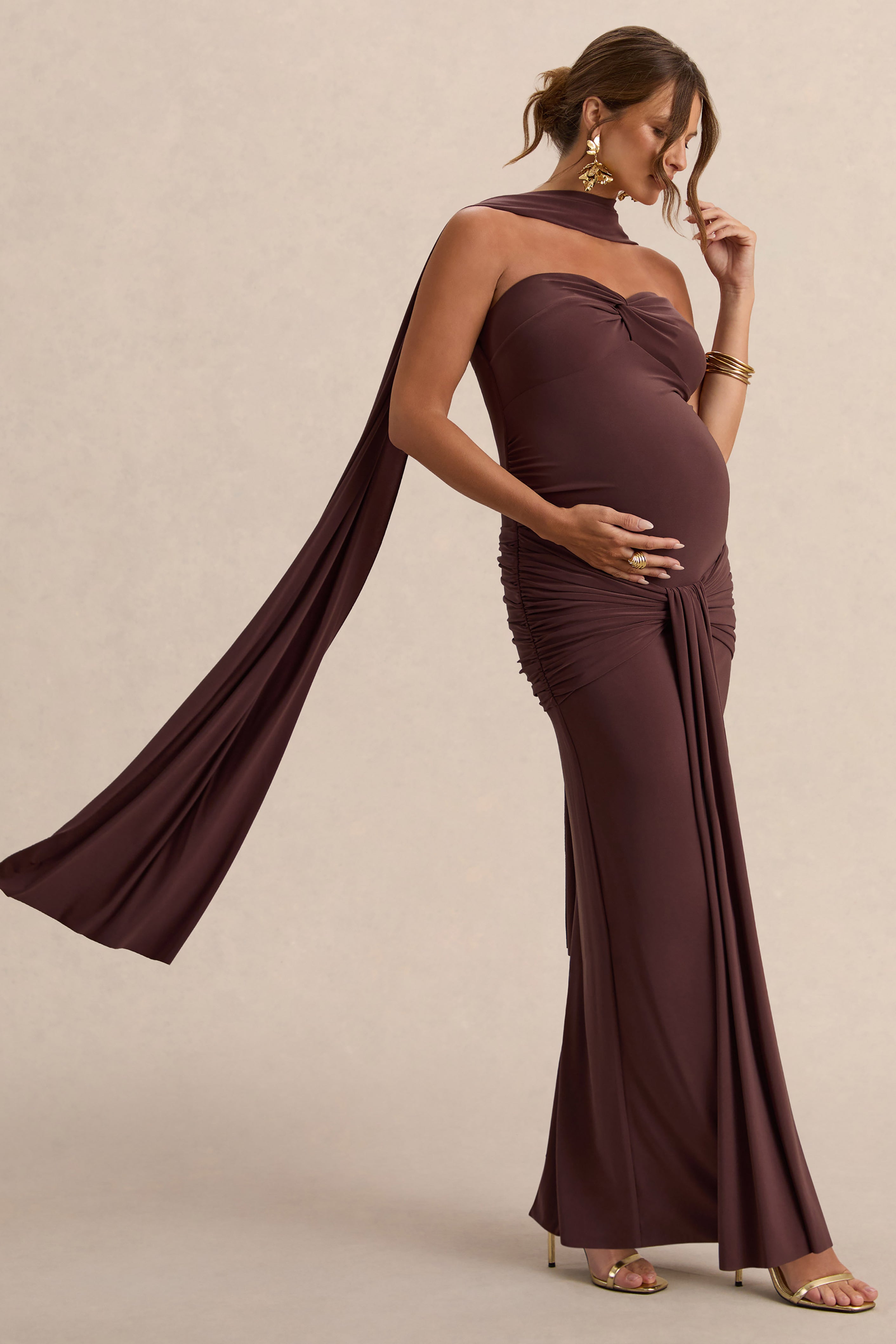 Faustina | Dark Brown Bandeau-Neck Maternity Maxi Dress With Scarf Detail And Gathered Detailing