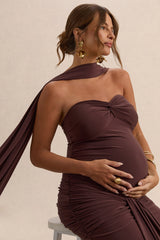 Faustina | Dark Brown Bandeau-Neck Maternity Maxi Dress With Scarf Detail And Gathered Detailing