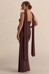 Faustina | Dark Brown Bandeau-Neck Maternity Maxi Dress With Scarf Detail And Gathered Detailing