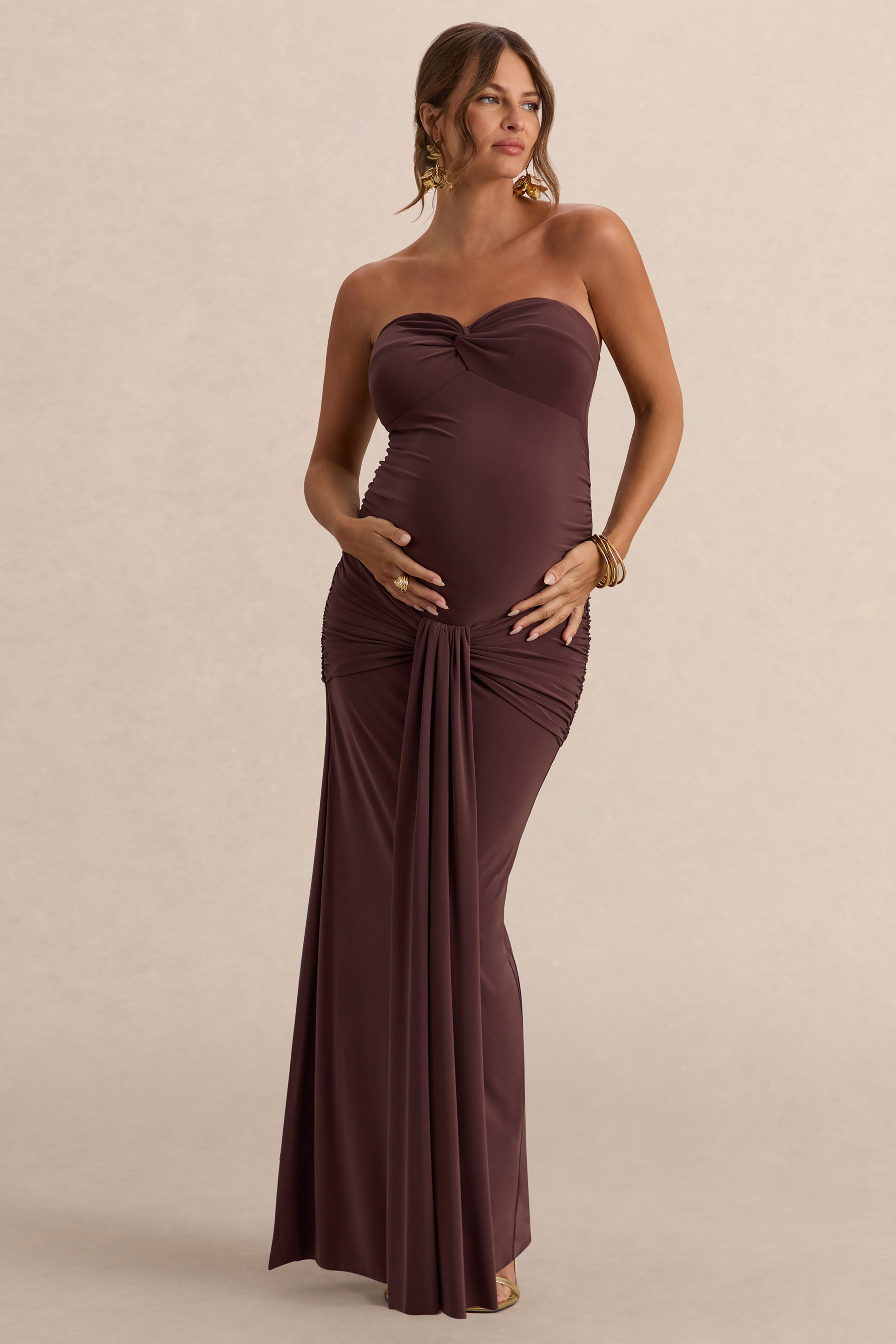 Faustina | Dark Brown Bandeau-Neck Maternity Maxi Dress With Scarf Detail And Gathered Detailing