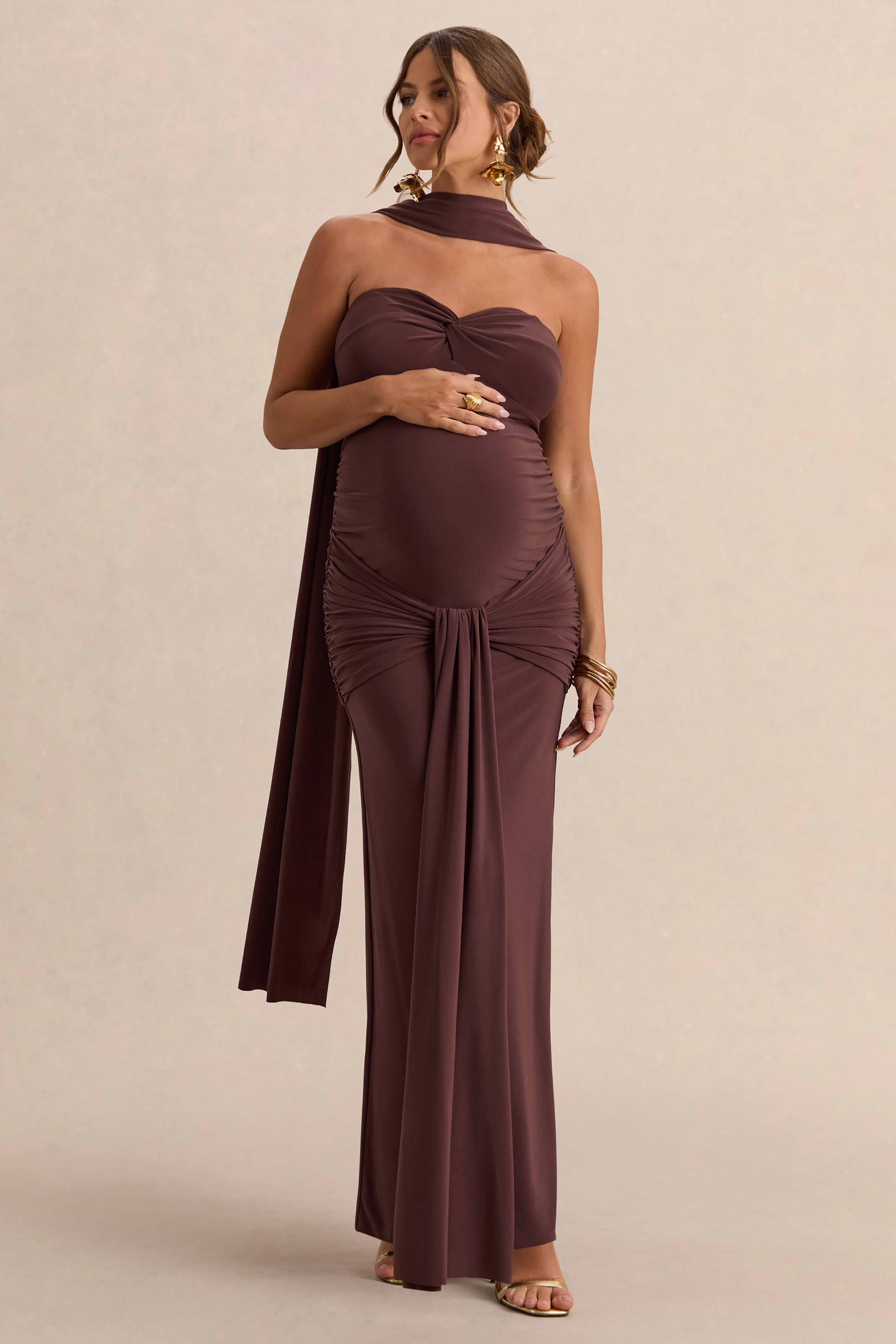 Faustina | Dark Brown Bandeau-Neck Maternity Maxi Dress With Scarf Detail And Gathered Detailing
