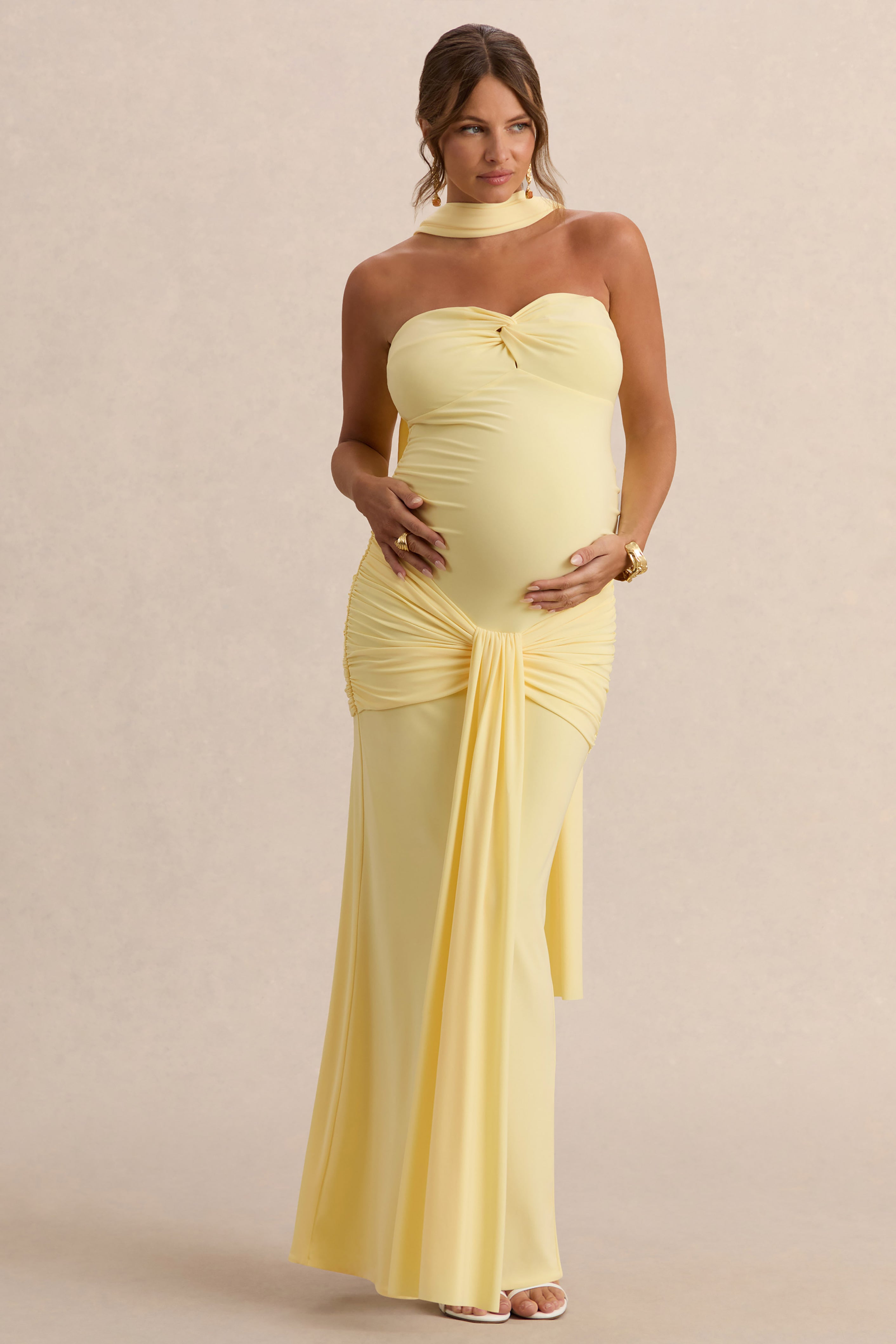Faustina | Lemon Bandeau-Neck Maternity Maxi Dress With Scarf Detail And Gathered Detailing
