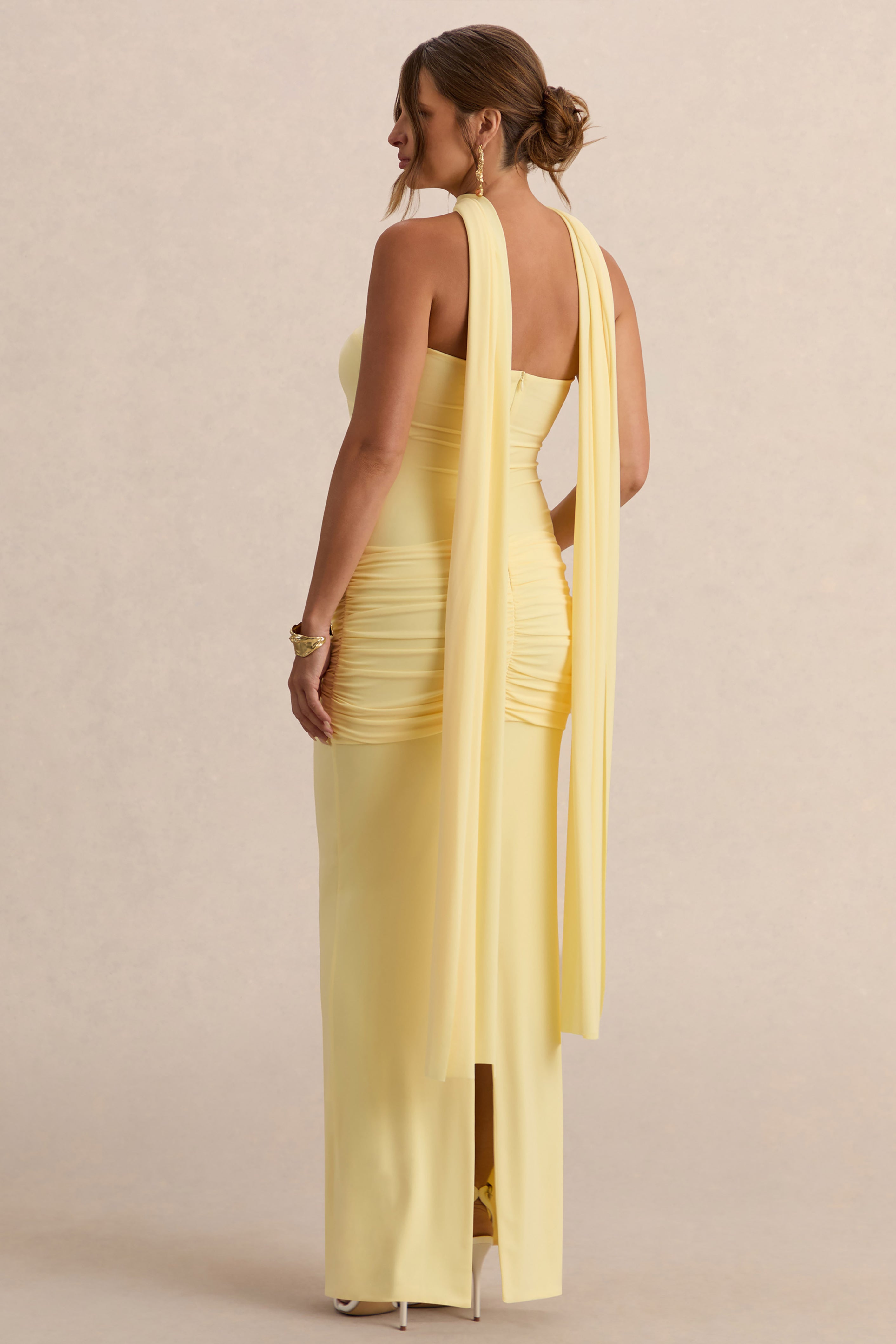 Faustina | Lemon Bandeau-Neck Maternity Maxi Dress With Scarf Detail And Gathered Detailing
