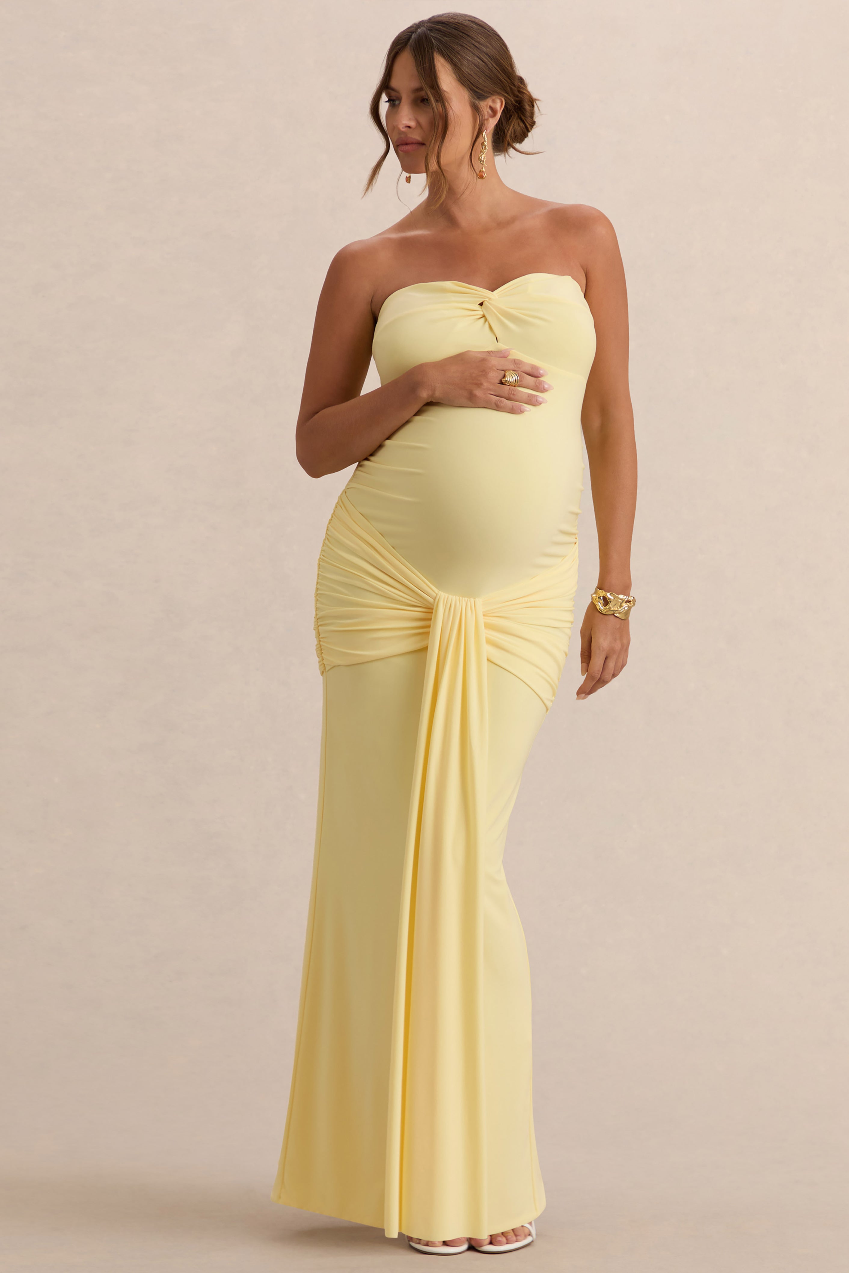 Faustina | Lemon Bandeau-Neck Maternity Maxi Dress With Scarf Detail And Gathered Detailing