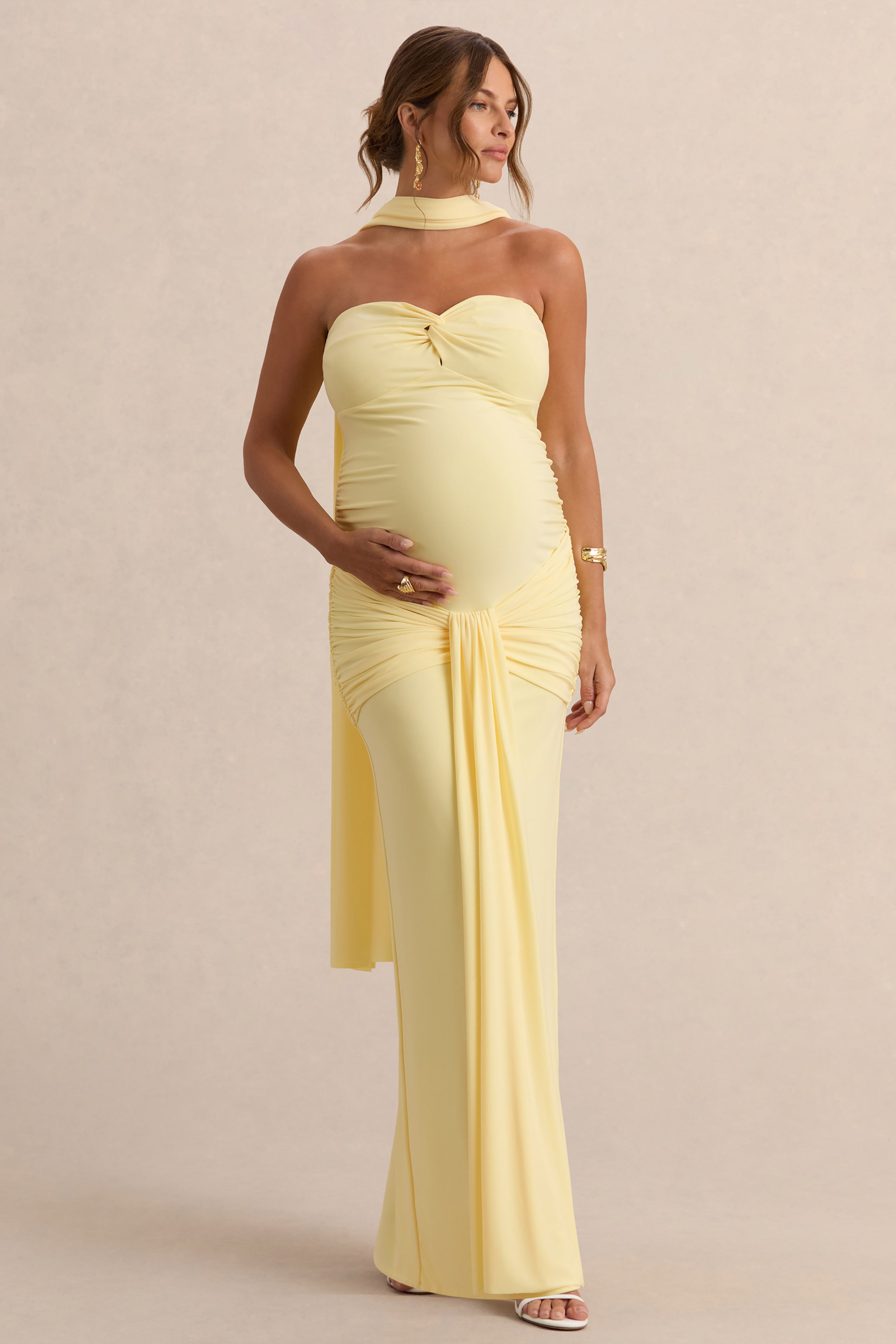 Faustina | Lemon Bandeau-Neck Maternity Maxi Dress With Scarf Detail And Gathered Detailing