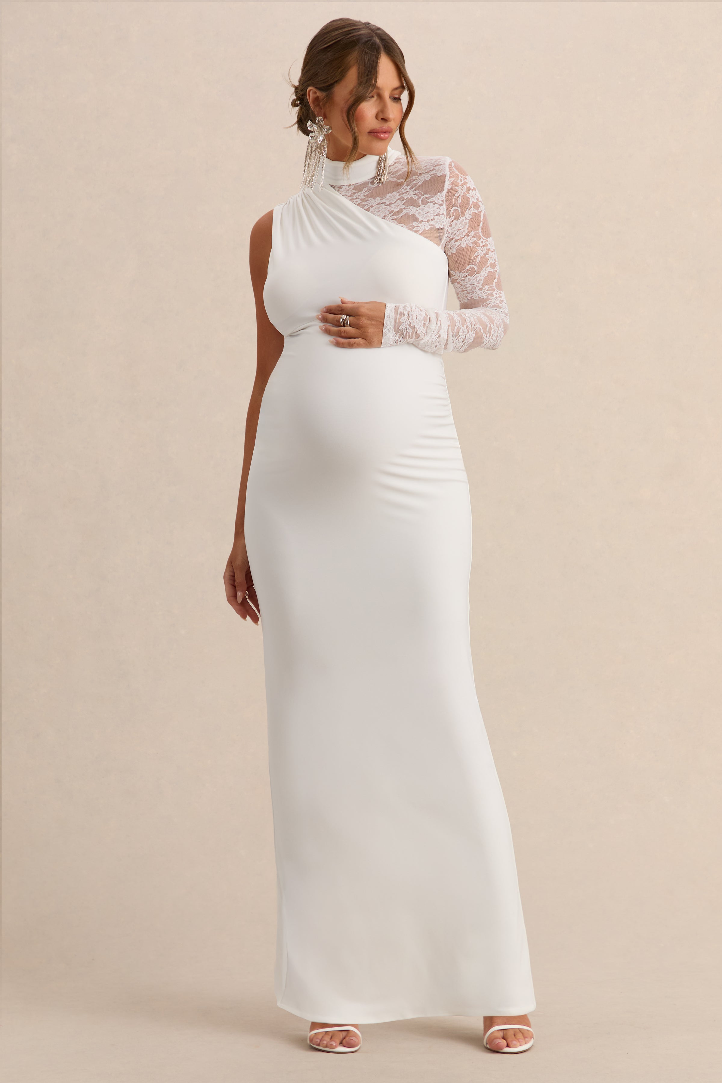 Hartley | White High-Neck Maternity Maxi Dress With Lace Detailing