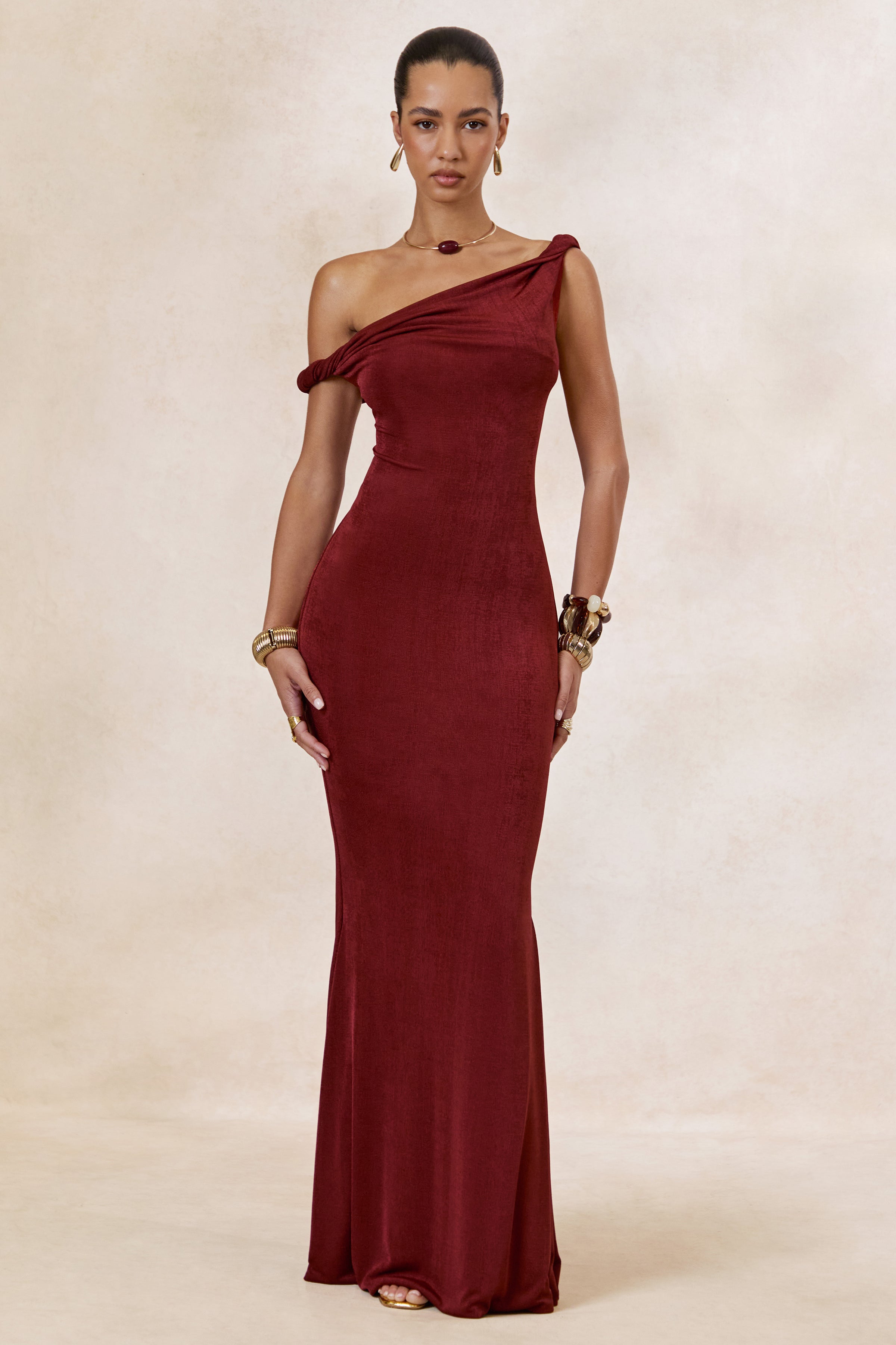 Aminta | Rust Twisted Asymmetric-Neck Maxi Dress