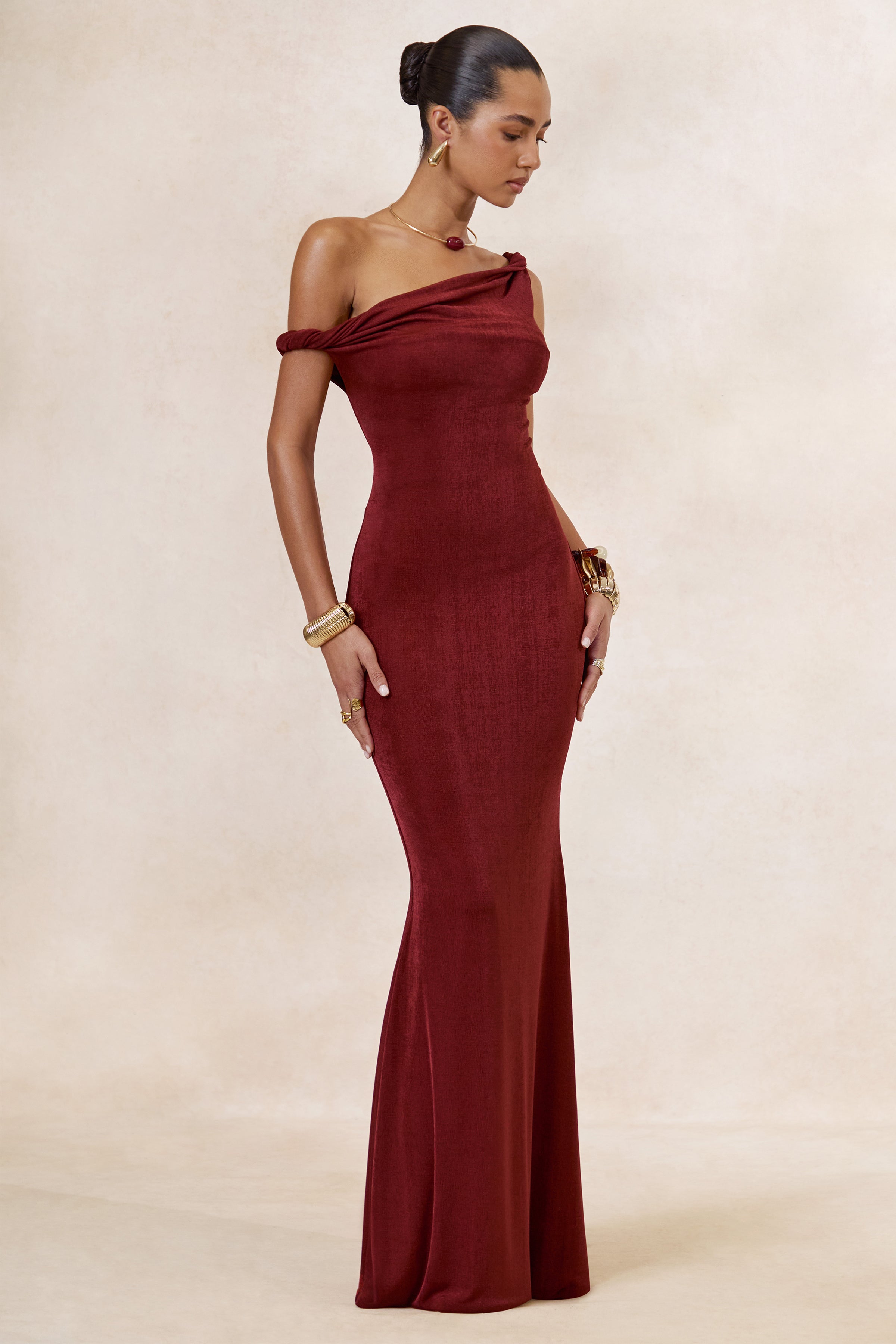Aminta | Rust Twisted Asymmetric-Neck Maxi Dress