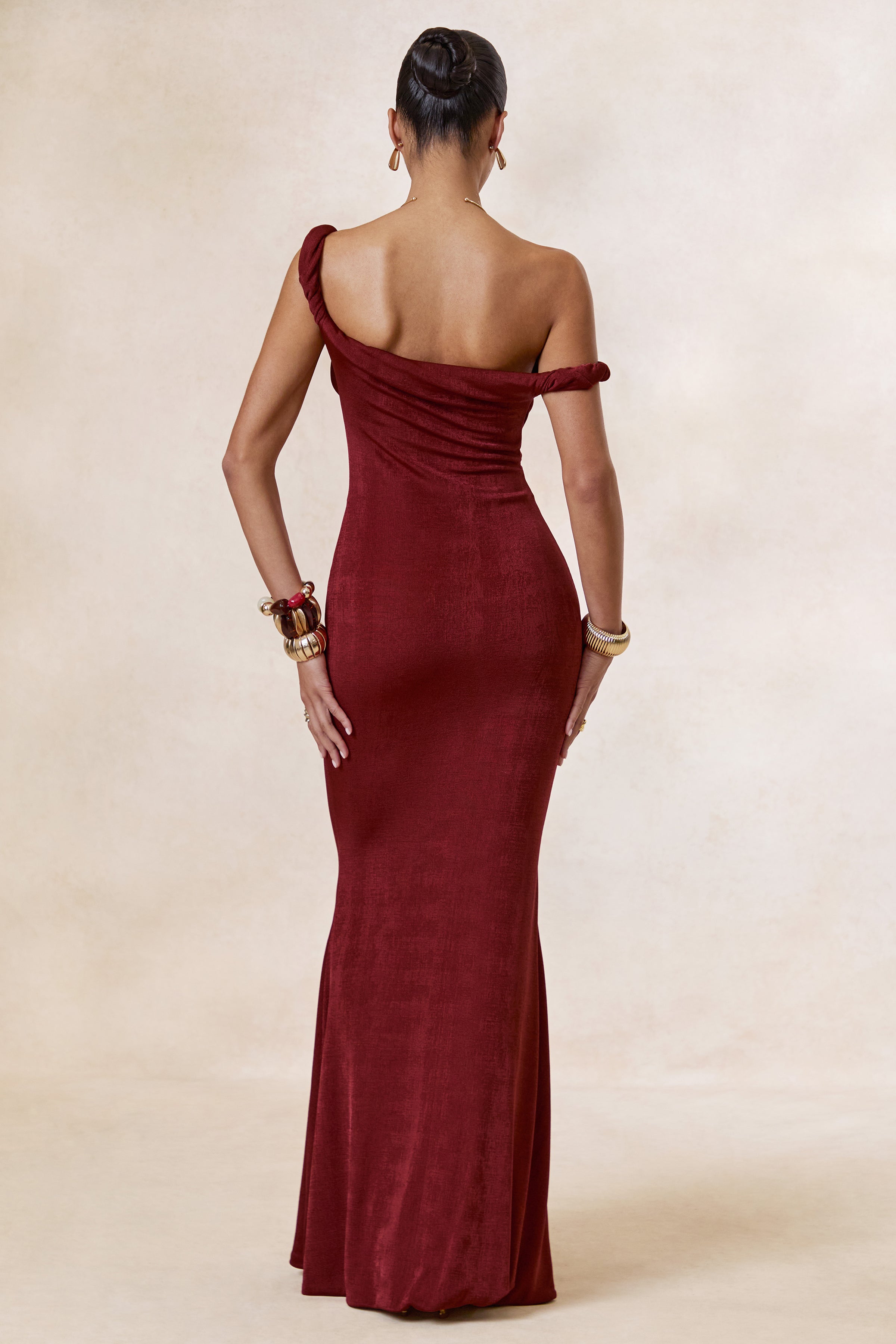 Aminta | Rust Twisted Asymmetric-Neck Maxi Dress
