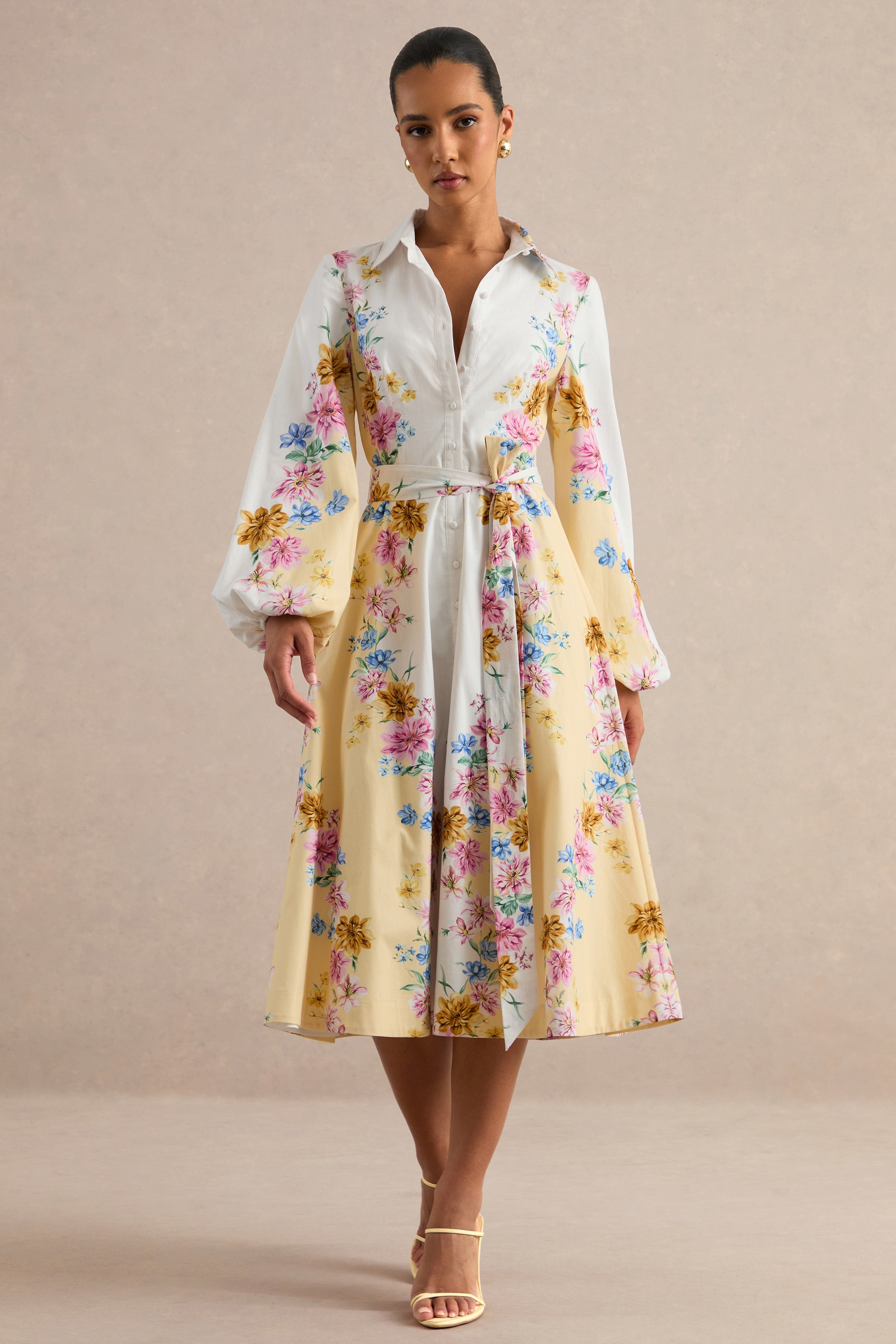 Moira | Lemon Floral Midi Dress With Bell Sleeves