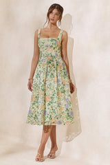 Lorielle | Lemon Floral Print Lace Square-Neck Midi Dress