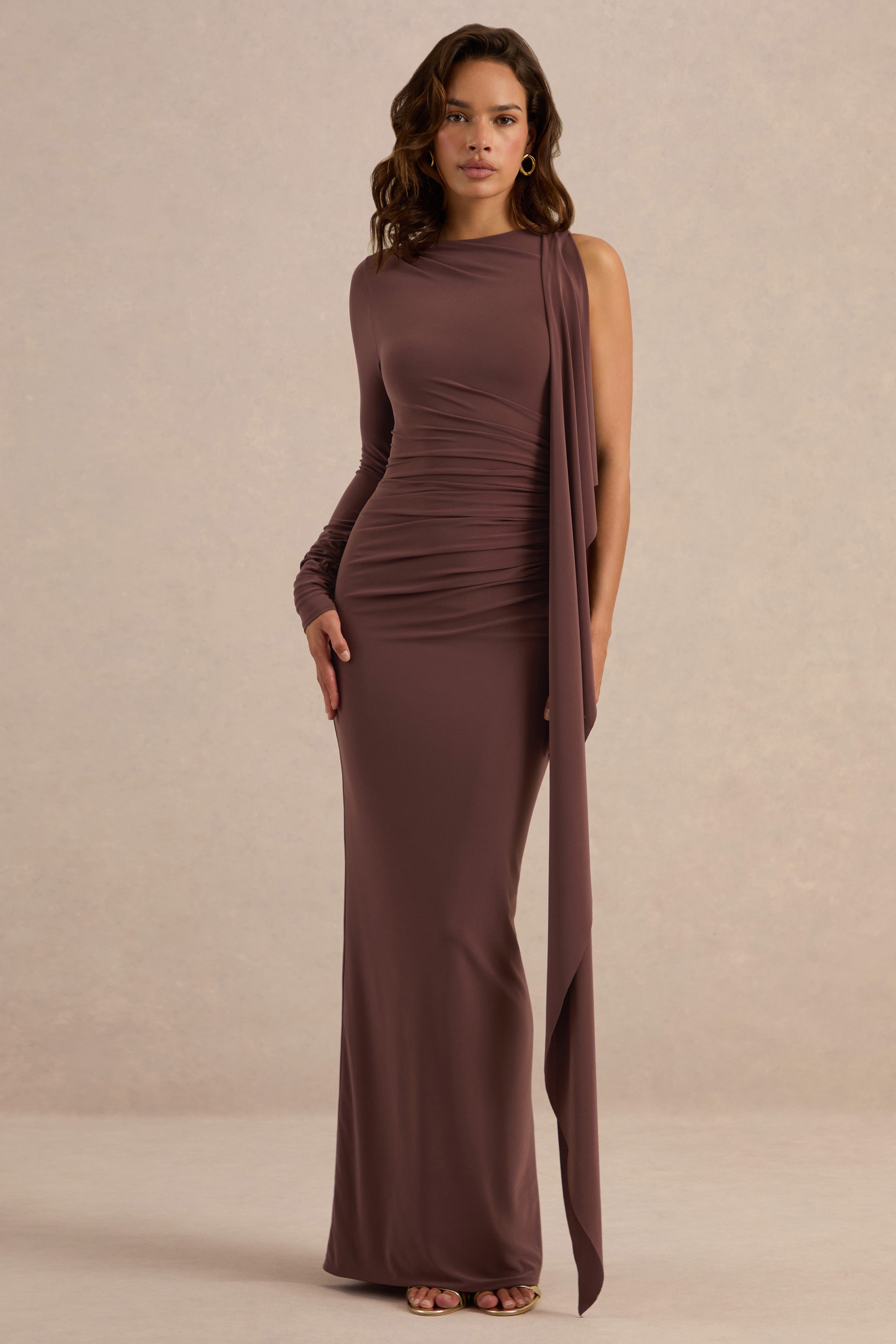Epona | Dark Brown Wide-Neck Maxi Dress With One-Long Sleeve And Sash-Detail