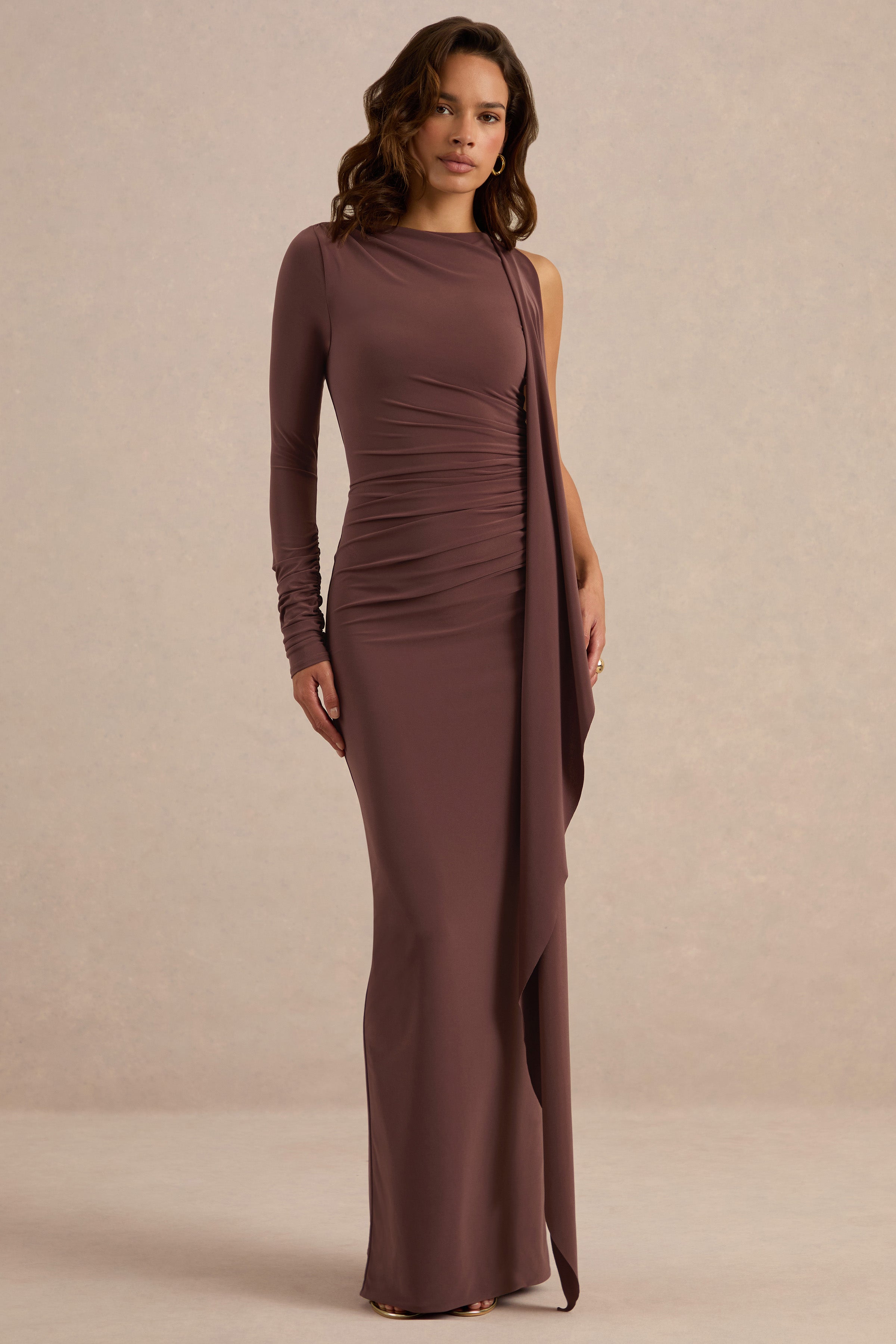 Epona | Dark Brown Wide-Neck Maxi Dress With One-Long Sleeve And Sash-Detail