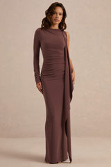 Epona | Dark Brown Wide-Neck Maxi Dress With One-Long Sleeve And Sash-Detail