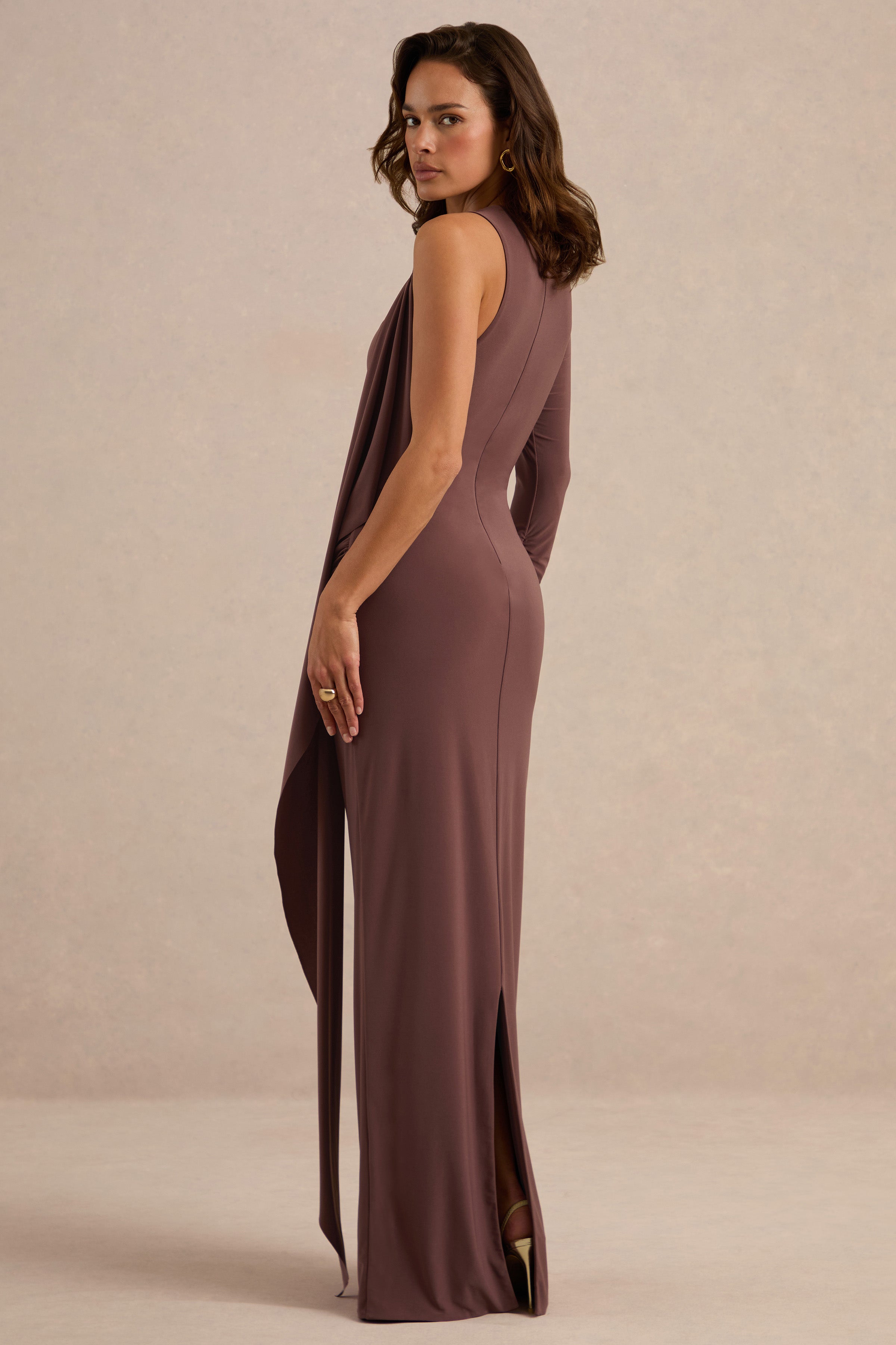 Epona | Dark Brown Wide-Neck Maxi Dress With One-Long Sleeve And Sash-Detail