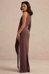 Epona | Dark Brown Wide-Neck Maxi Dress With One-Long Sleeve And Sash-Detail