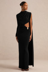 Esmaria | Black High-Neck Maxi Dress With Gold Detail And Sash