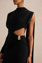 Esmaria | Black High-Neck Maxi Dress With Gold Detail And Sash