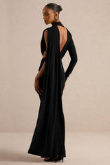 Esmaria | Black High-Neck Maxi Dress With Gold Detail And Sash