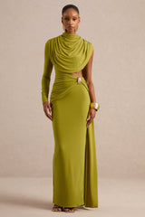 Esmaria | Olive High-Neck Maxi Dress With Gold Detail And Sash
