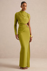 Esmaria | Olive High-Neck Maxi Dress With Gold Detail And Sash
