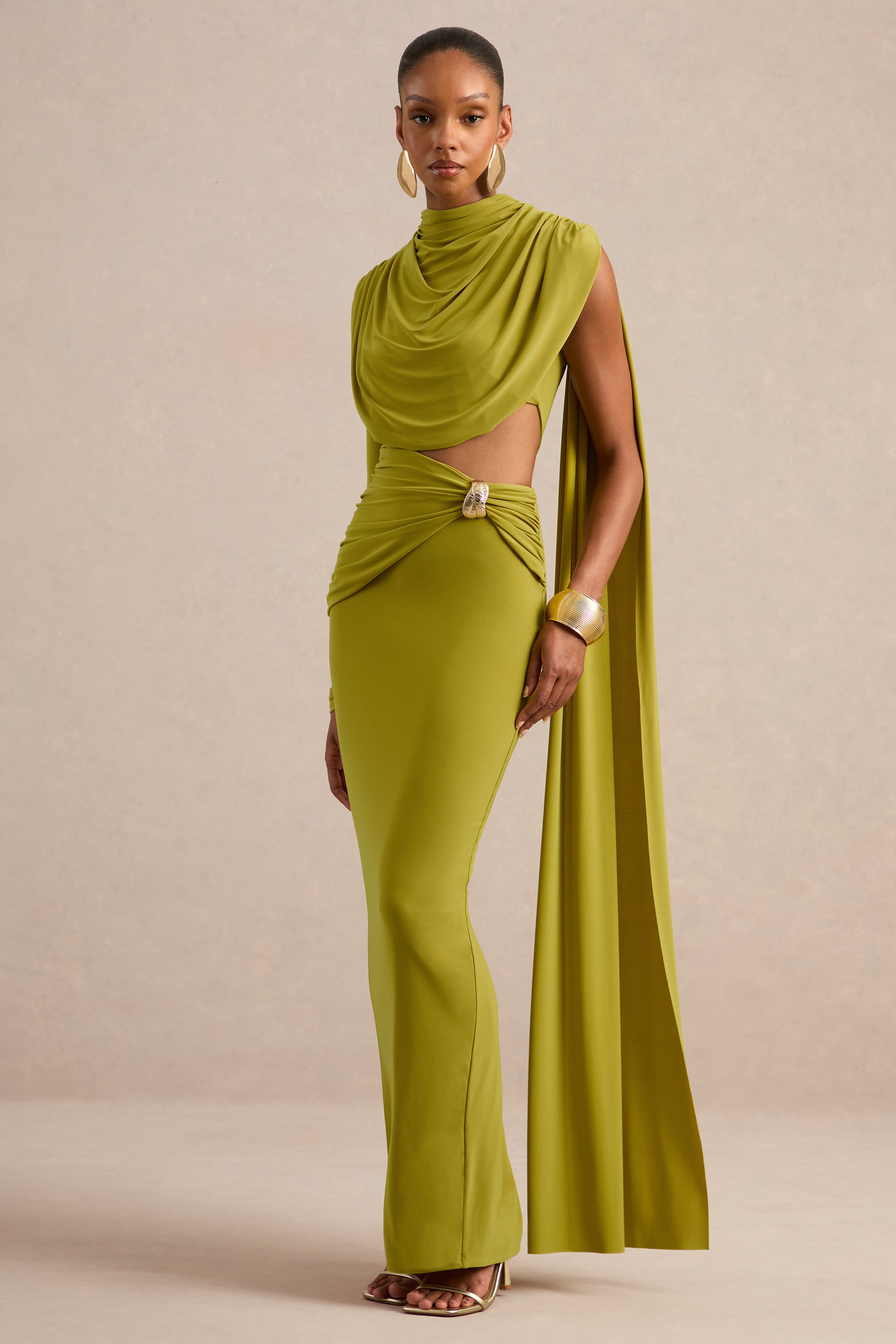 Esmaria | Olive High-Neck Maxi Dress With Gold Detail And Sash