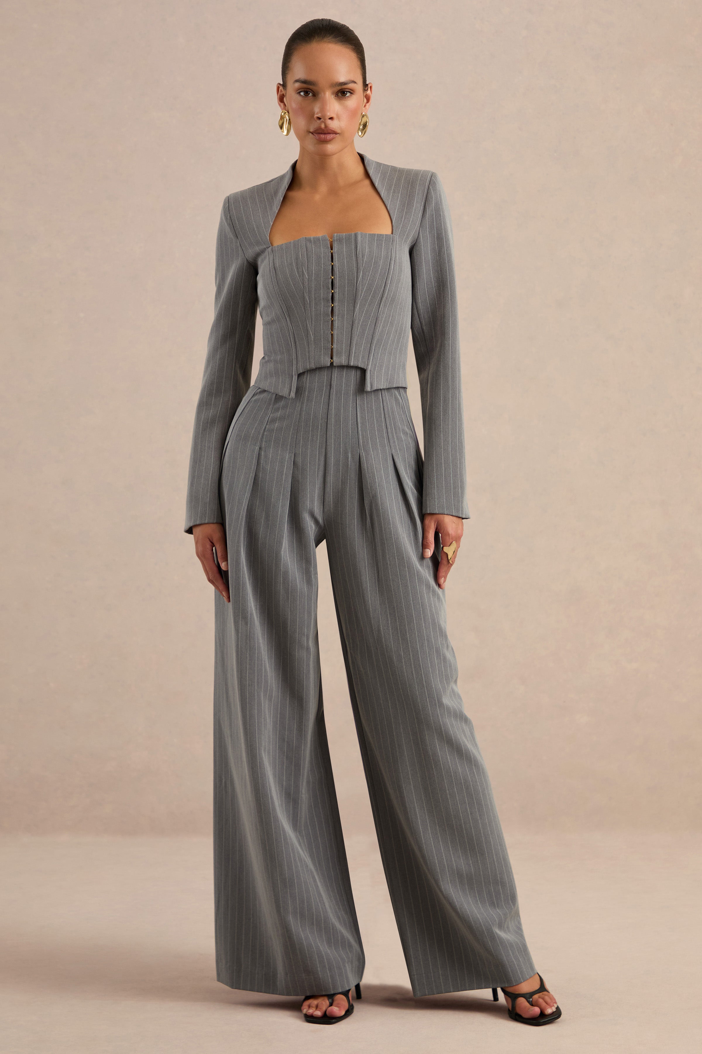Genara | Grey Pinstripe Wide-Leg Trousers