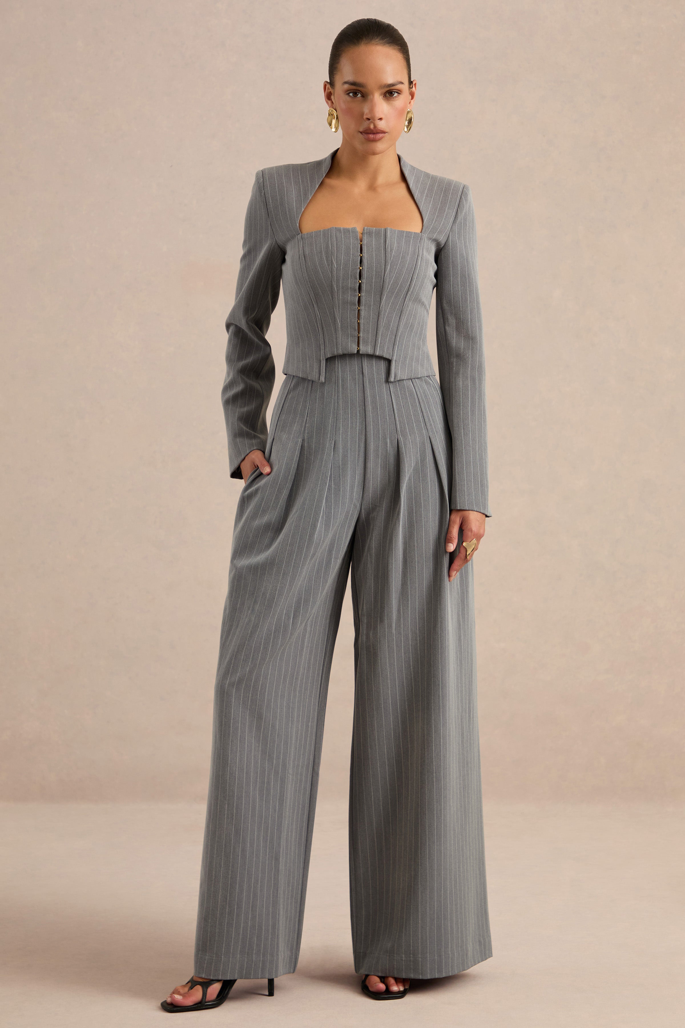 Genara | Grey Pinstripe Wide-Leg Trousers