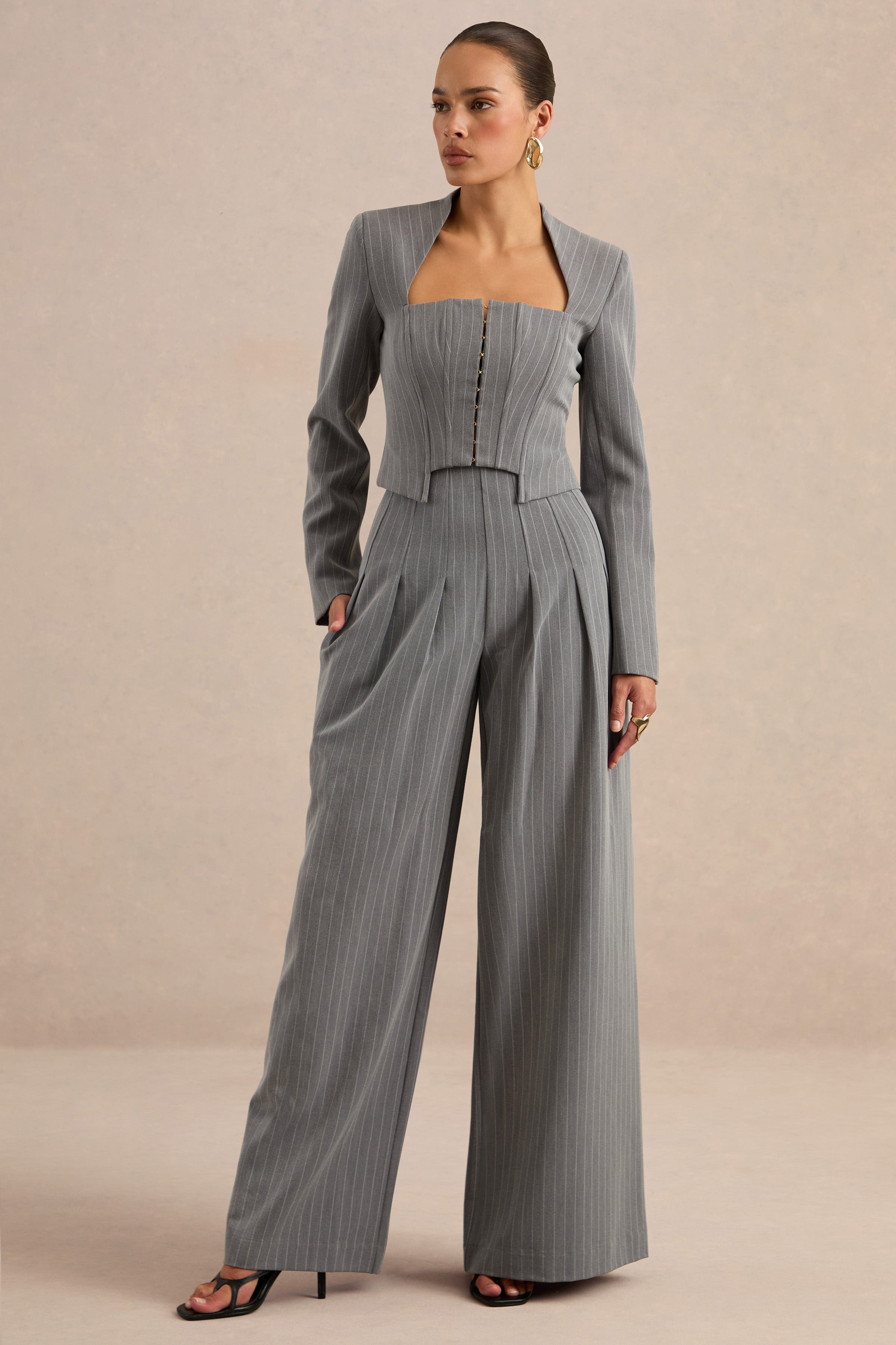 Genara | Grey Pinstripe Wide-Leg Trousers