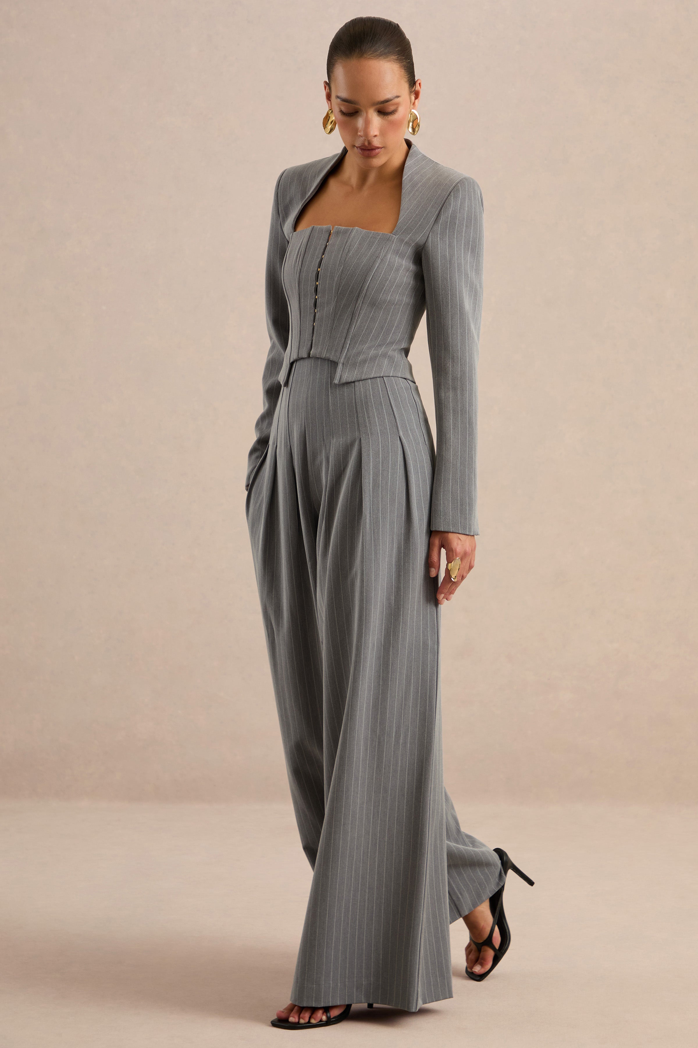 Genara | Grey Pinstripe Wide-Leg Trousers