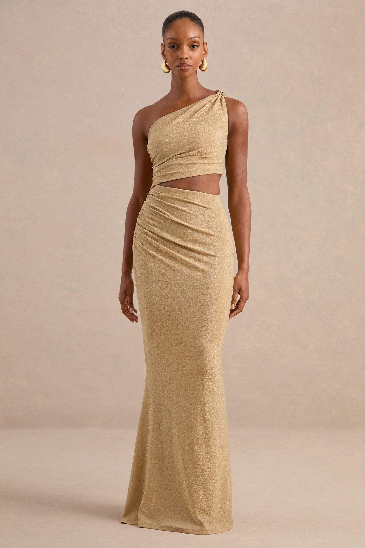 Andela | Gold Metallic Asymmetric-Neck Maxi Dress With Cut-Outs And Gold Detail