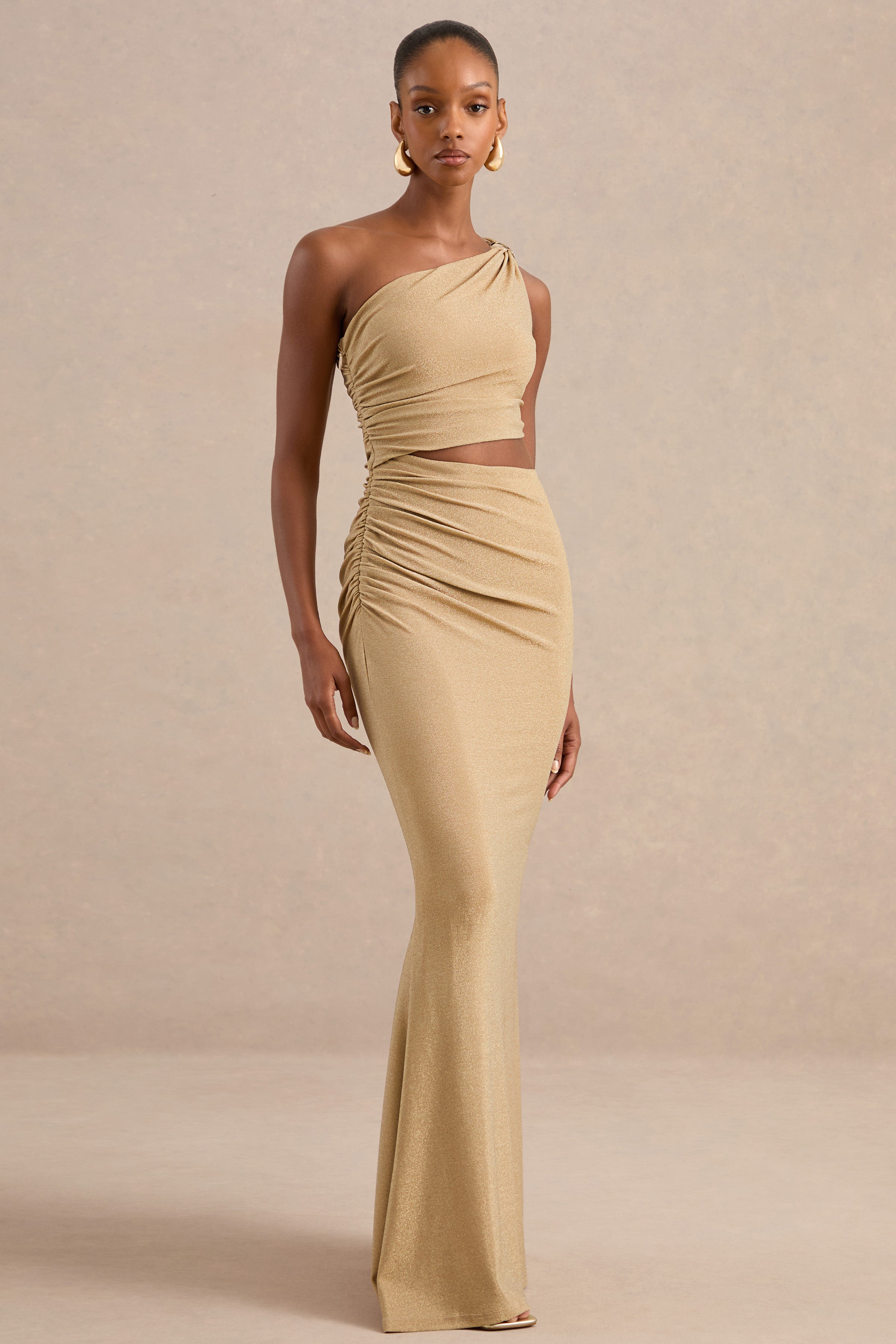 Andela | Gold Metallic Asymmetric-Neck Maxi Dress With Cut-Outs And Gold Detail