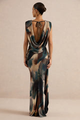 Lilias | Black And Blue Ombre Print Extreme Plunge-Neck Top