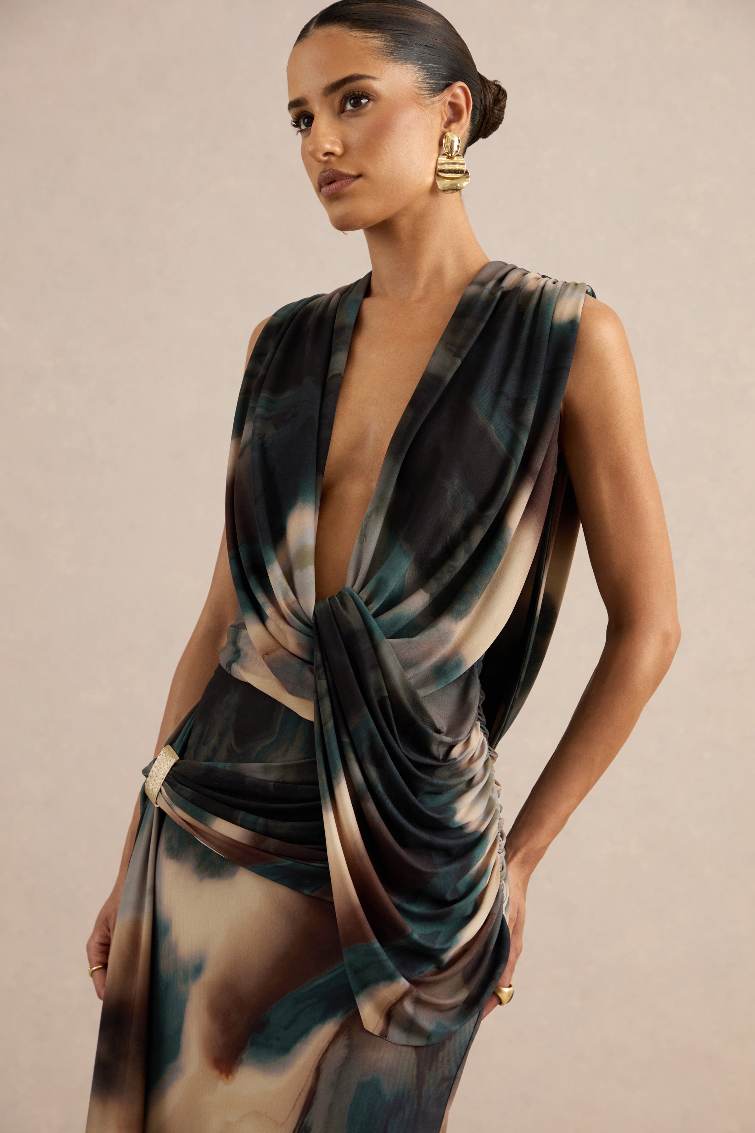 Lilias | Black And Blue Ombre Print Extreme Plunge-Neck Top