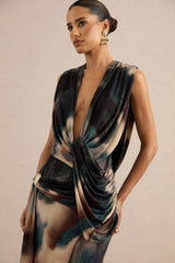 Lilias | Black And Blue Ombre Print Extreme Plunge-Neck Top
