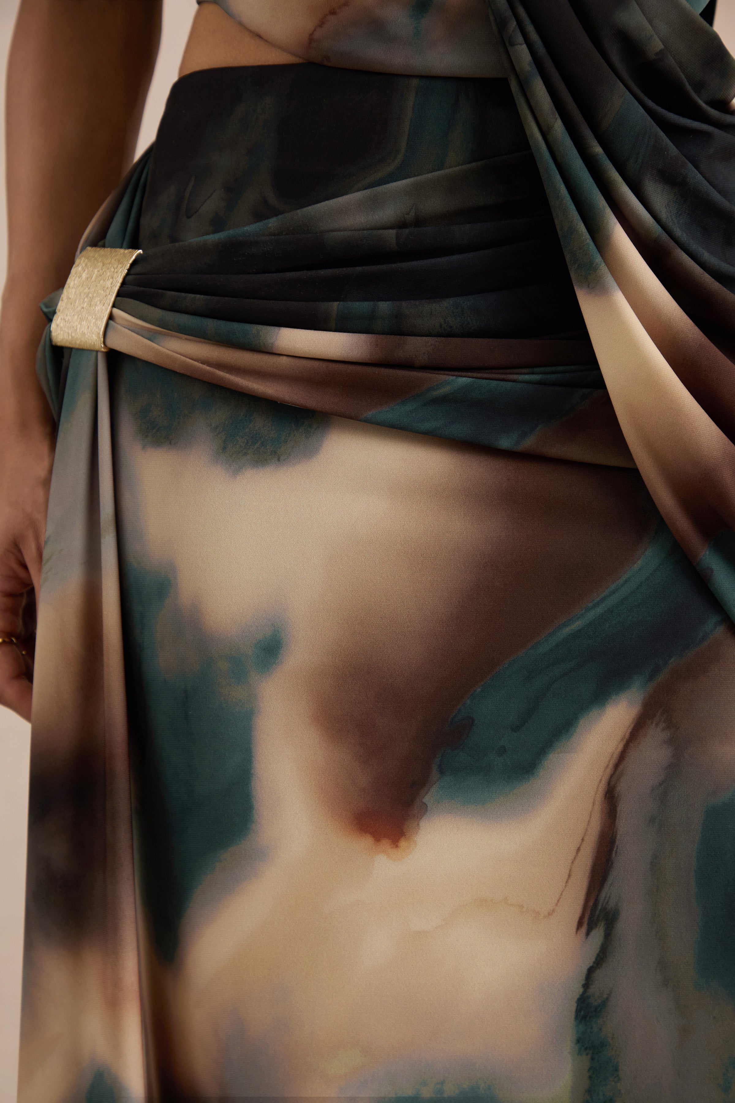 Lilias | Black And Blue Ombre Print Maxi Skirt With Draped Detailing
