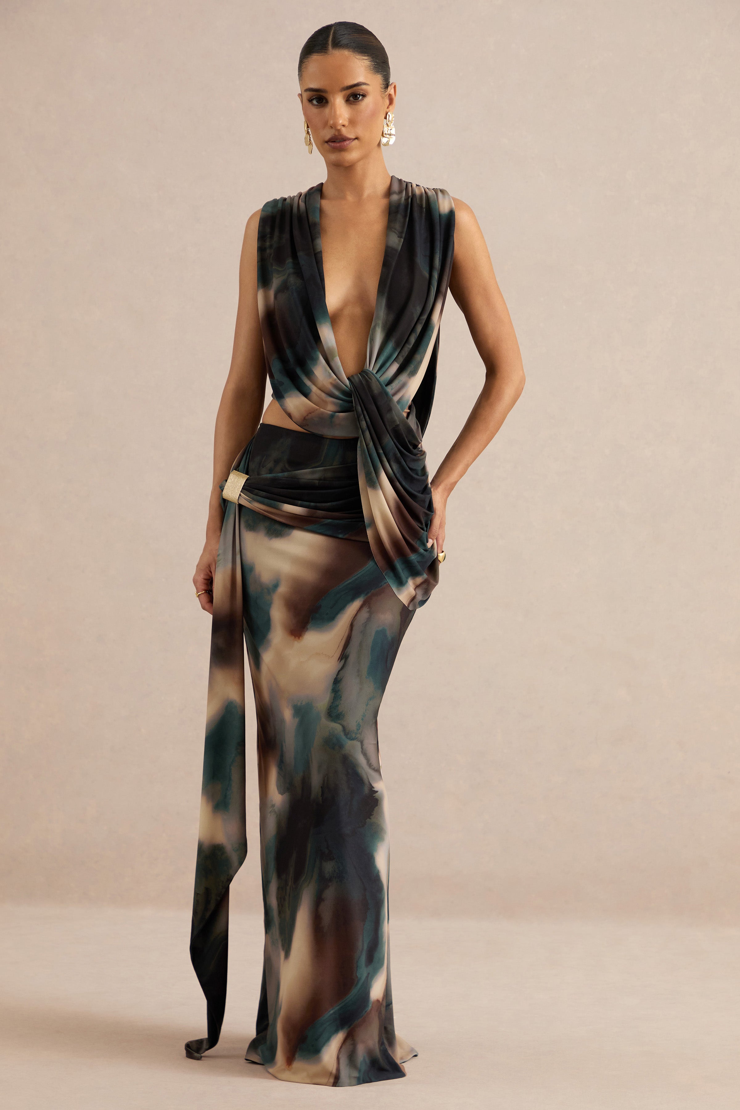Lilias | Black And Blue Ombre Print Maxi Skirt With Draped Detailing