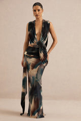 Lilias | Black And Blue Ombre Print Maxi Skirt With Draped Detailing