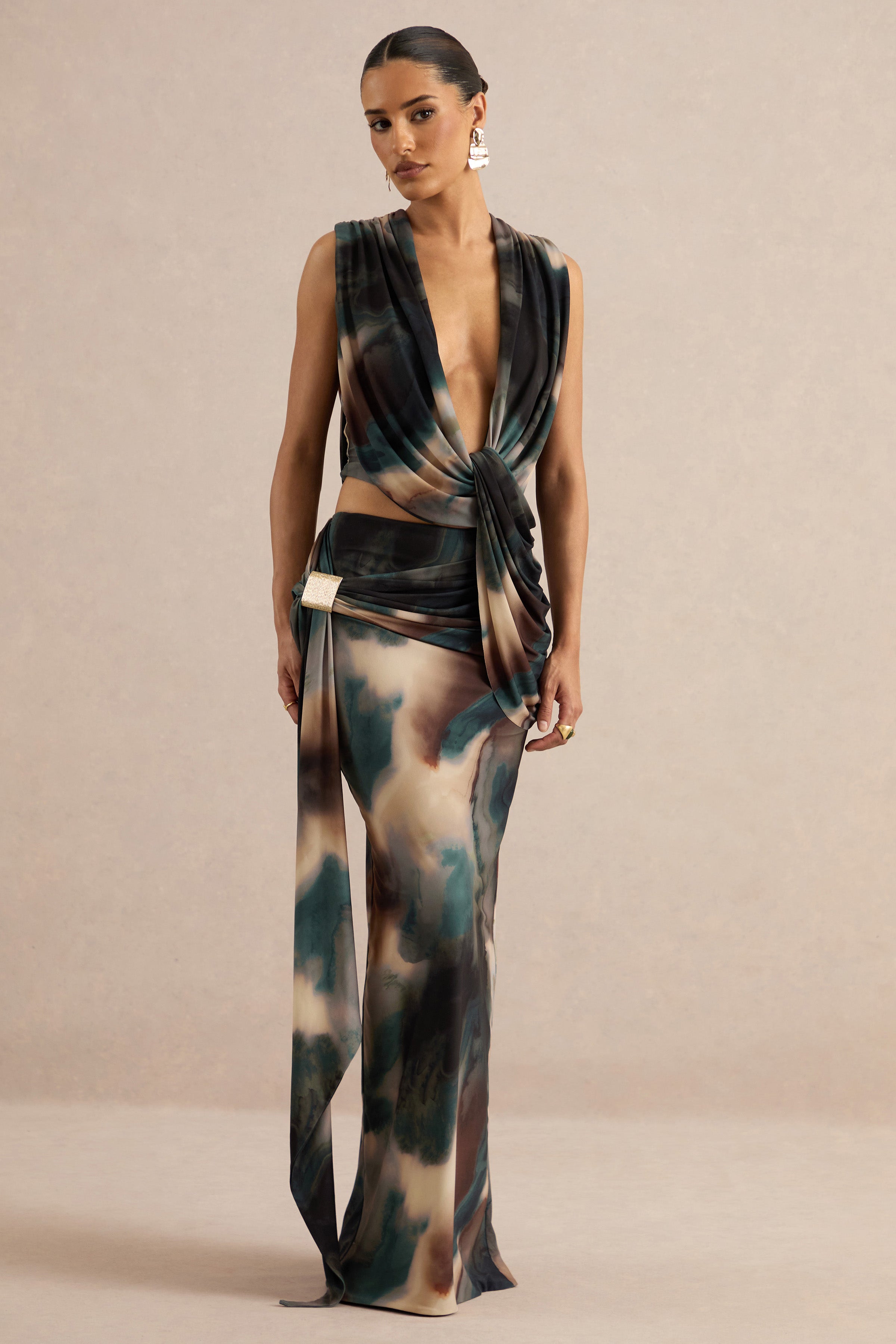 Lilias | Black And Blue Ombre Print Maxi Skirt With Draped Detailing