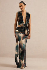 Lilias | Black And Blue Ombre Print Maxi Skirt With Draped Detailing