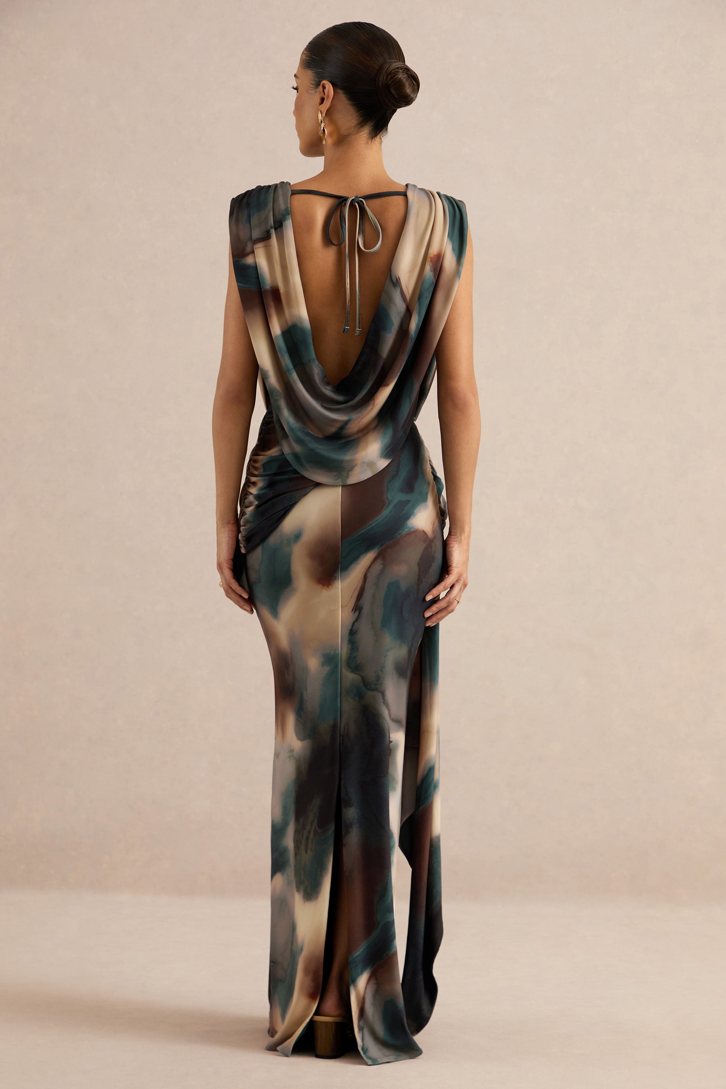 Lilias | Black And Blue Ombre Print Maxi Skirt With Draped Detailing